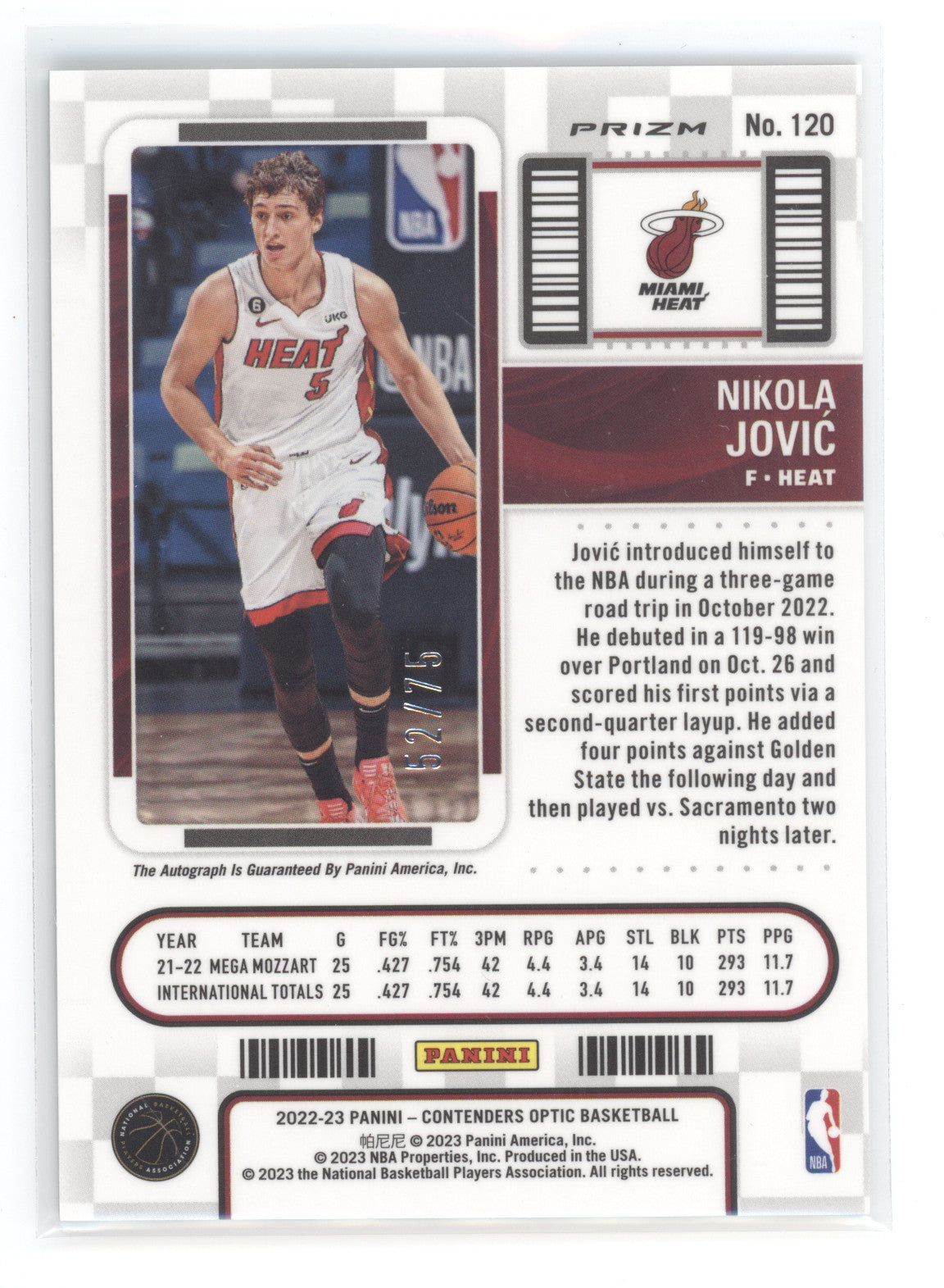 2022 Panini Contenders Optic Prizm Nikola Jović #120 Autograph Green RC 52/75