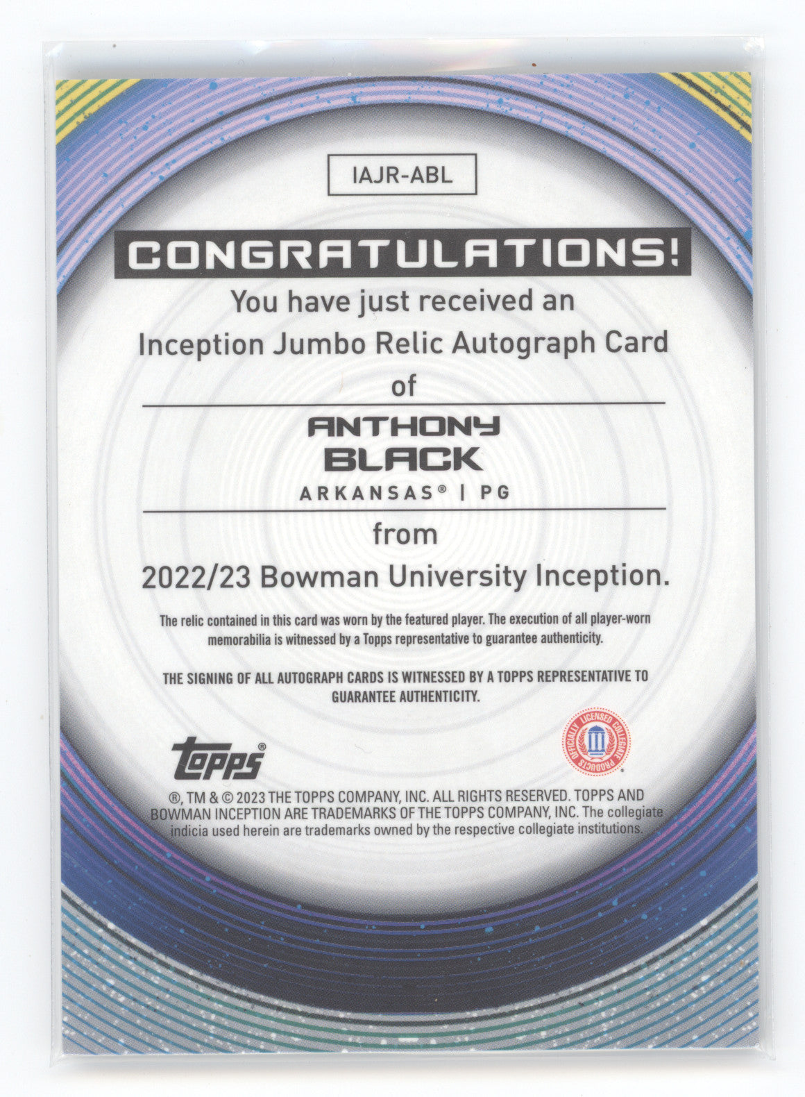 2022 Bowman University Inception Anthony Black #IAJRABL 160/199 Jumbo Relic Auto