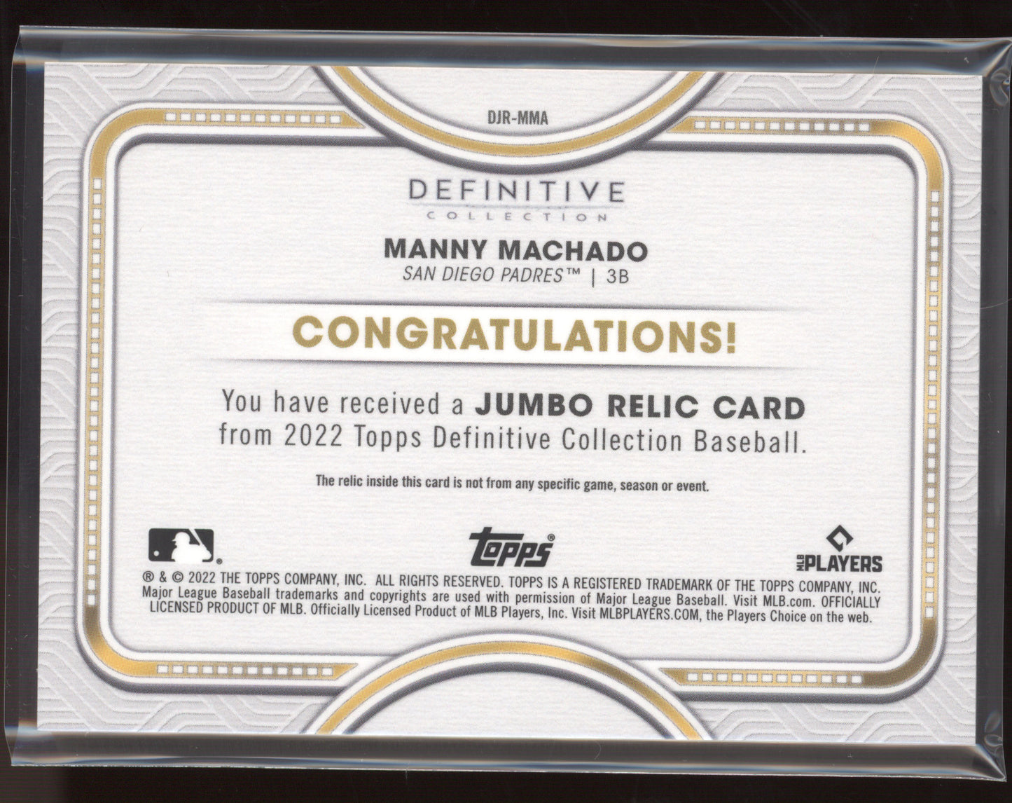 2022 Topps Definitive Collection Manny Machado #DJR-MMA 05/35 Jumbo Relic Card