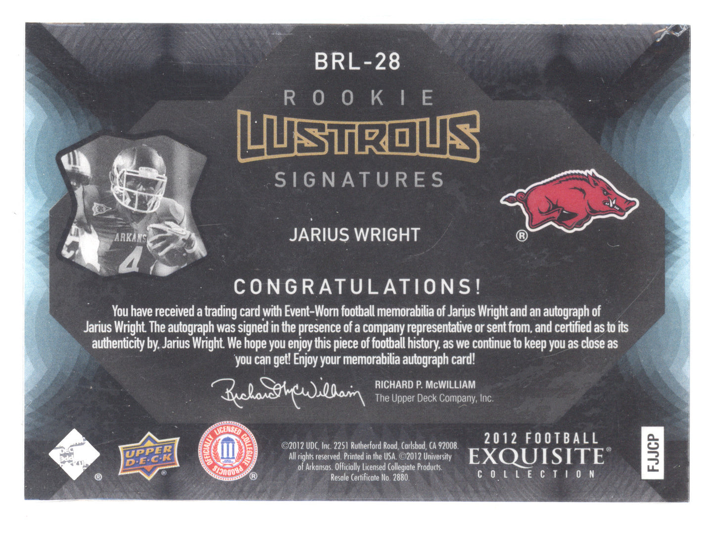 2012 Upper Deck Black Lustrous Signatures Jarius Wright #BRL-28 81/99 Jersey