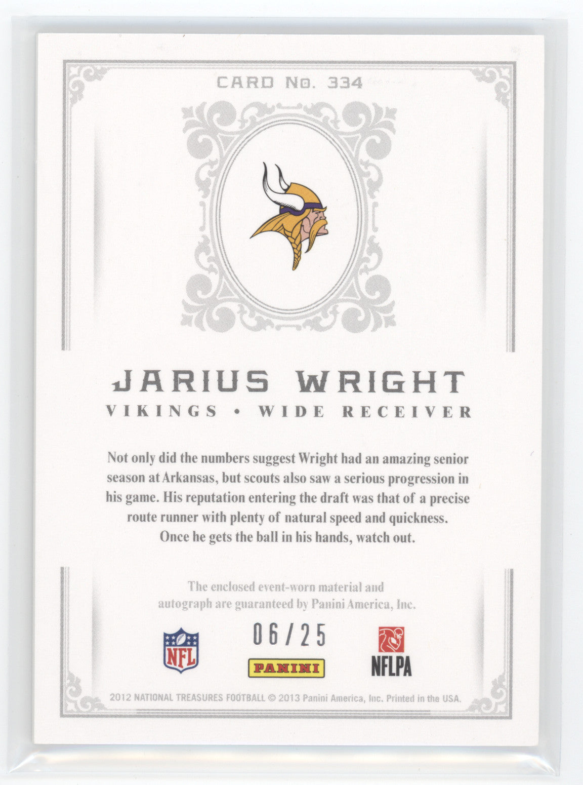 2012 Panini National Treasures Jarius Wright #334 Rookie Patch Auto 06/25