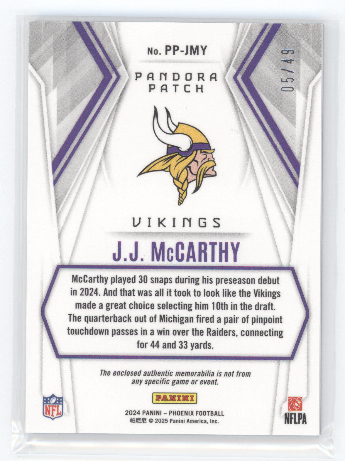 2025 Panini Phoenix Phoenix Football J.J. McCarthy #PPJMY Pandora Patch 05/49 RC