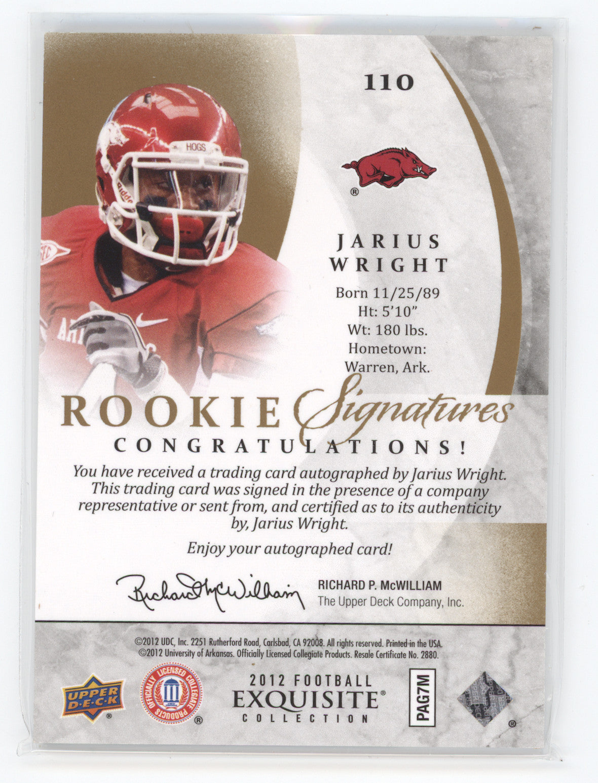 2012 Upper Deck Exquisite Collection Jarius Wright #110 Rookie Signatures 98/99