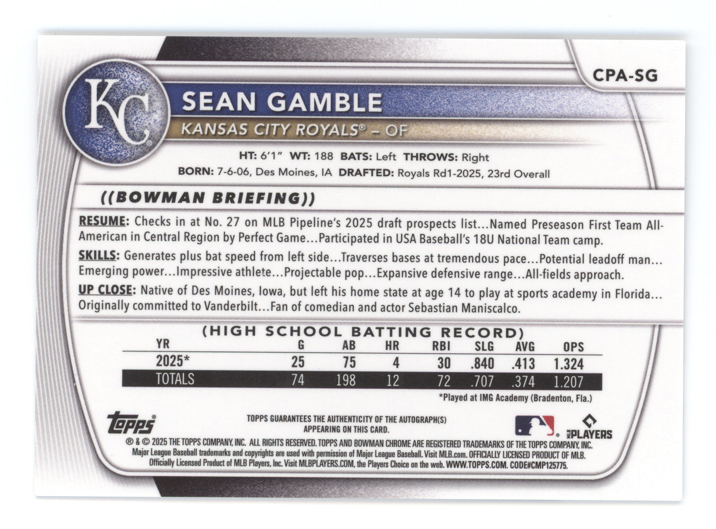 2025 Bowman Chrome Prospect Autograph Sean Gamble #CPA-SG