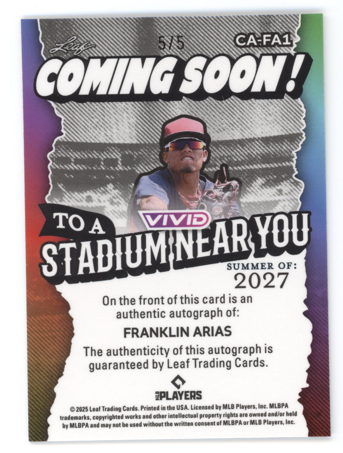 2025 Leaf Vivid Autograph Franklin Arias #CA-FA1 Coming Soon! 5/5