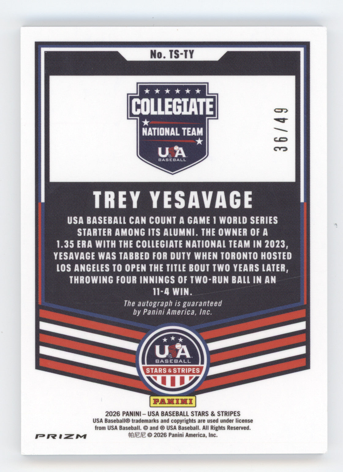 2026 Panini USA Stars & Stripes Throwback Trey Yesavage #TY Autograph Blue 36/49