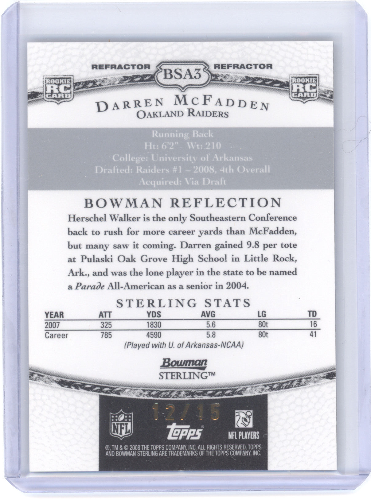 2008 Bowman Sterling Signatures Darren McFadden #BSA3 Refractor 12/15 RC