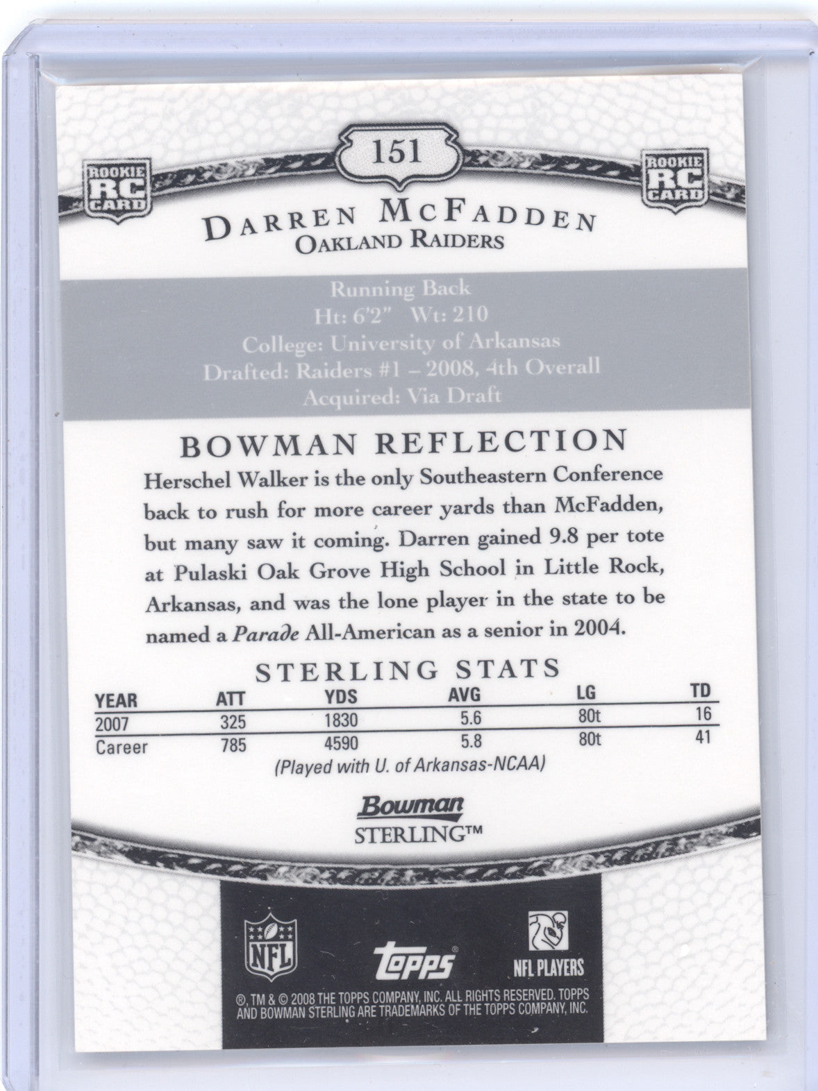 2008 Bowman Sterling Signatures Darren McFadden #151 RC Authentic Player-Worn