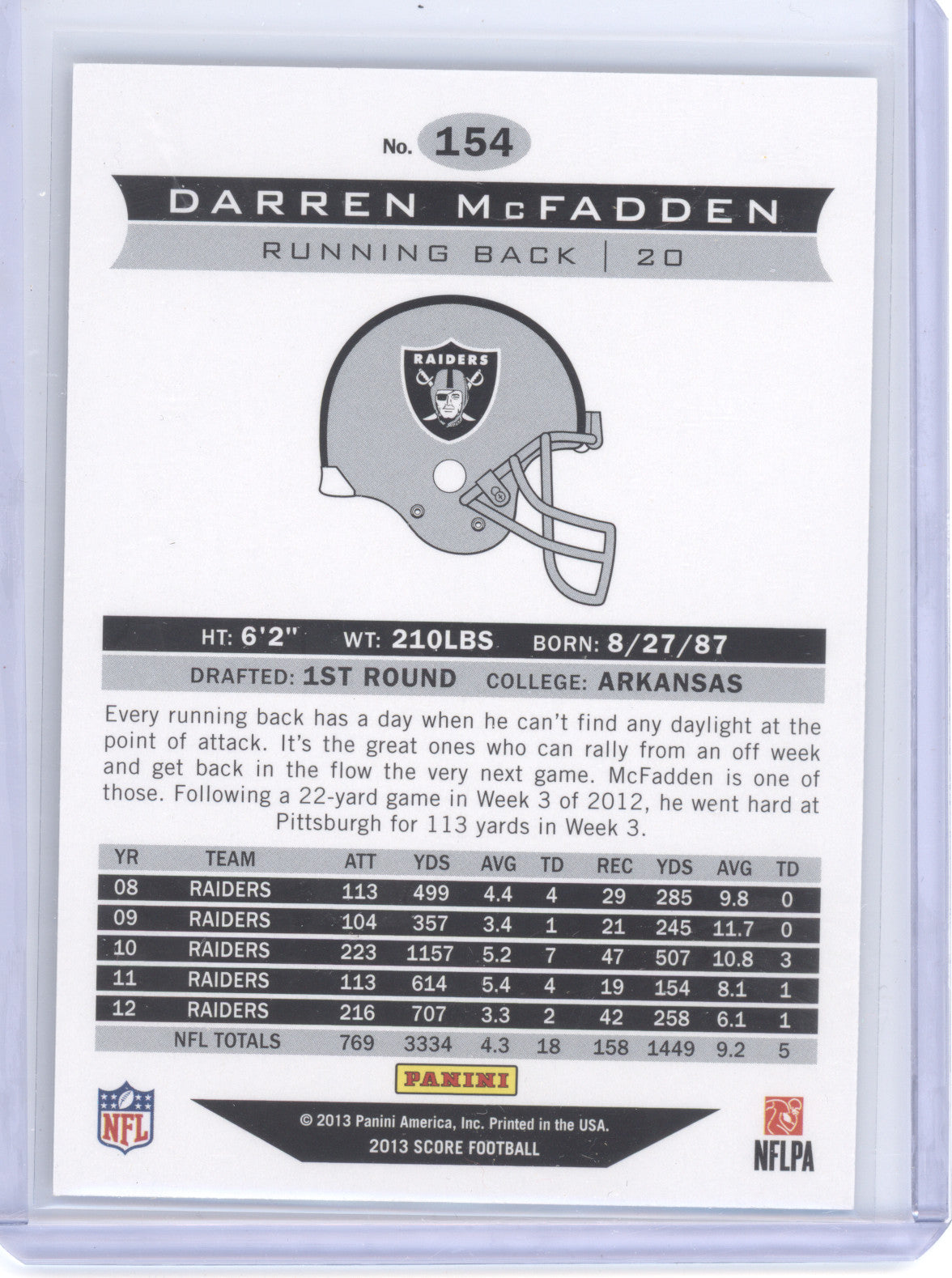 2013 Panini Score Darren McFadden #154 Artist Proof 1 of 1