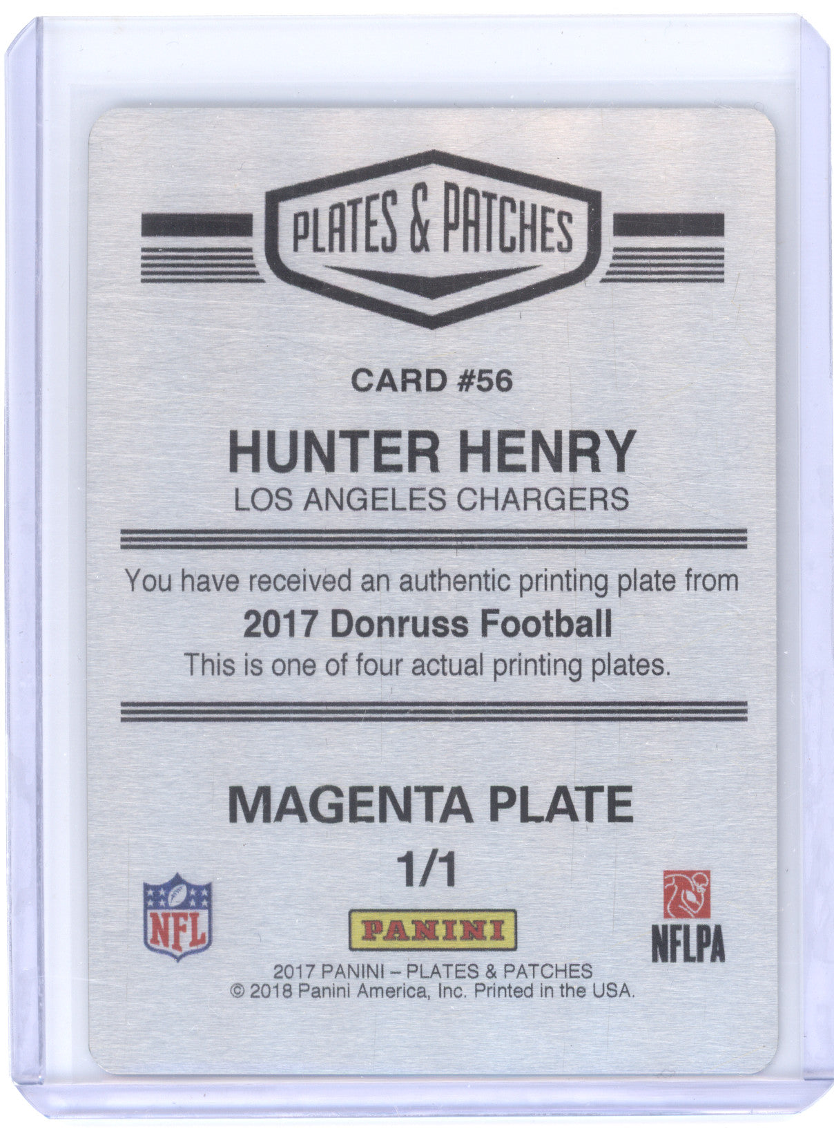 2017 Panini Plates & Patches Hunter Henry #56 Magenta Printing Plate 1/1