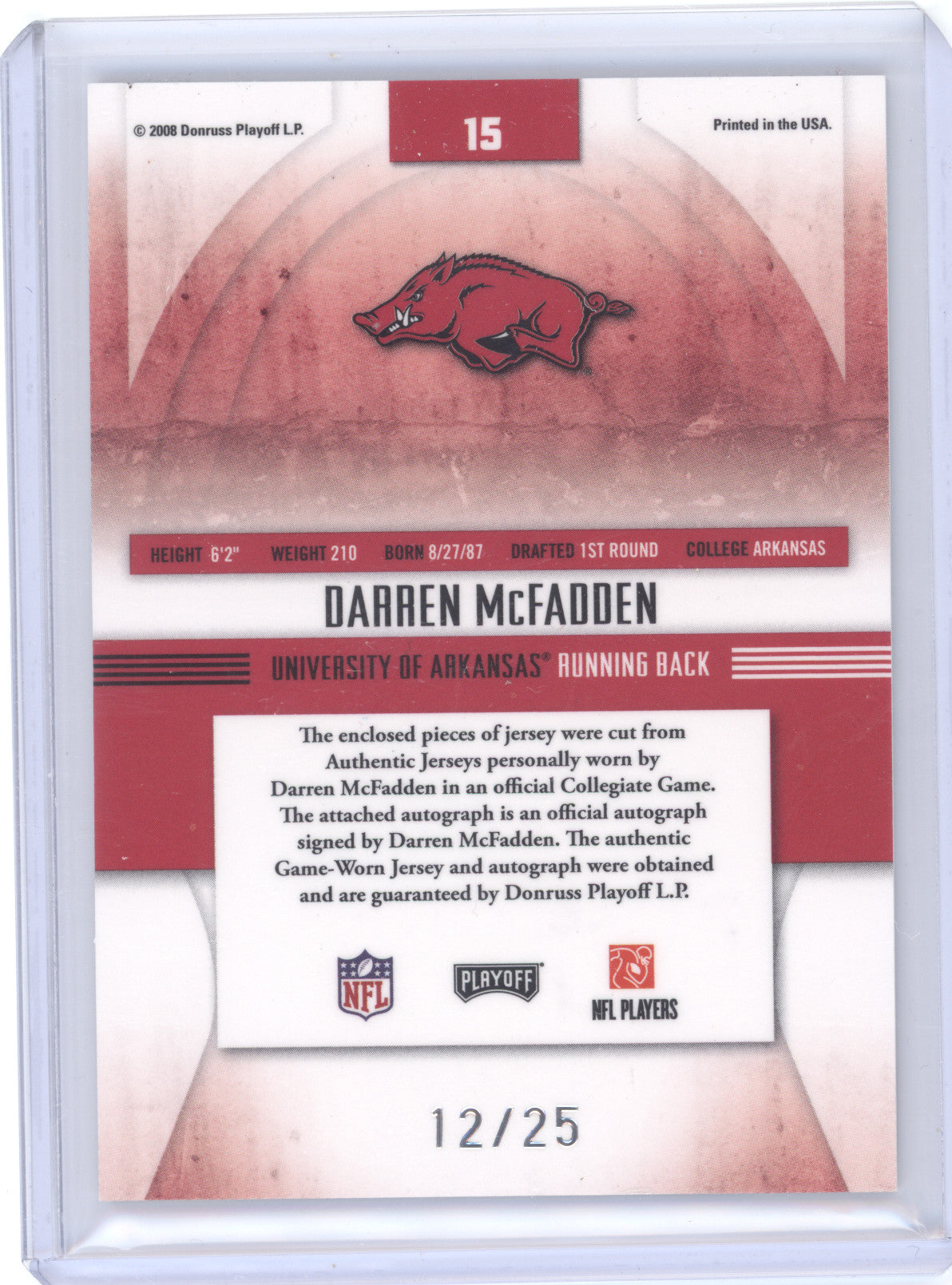2008 Playoff Absolute Memorabilia Autograph Darren McFadden #15 College Material