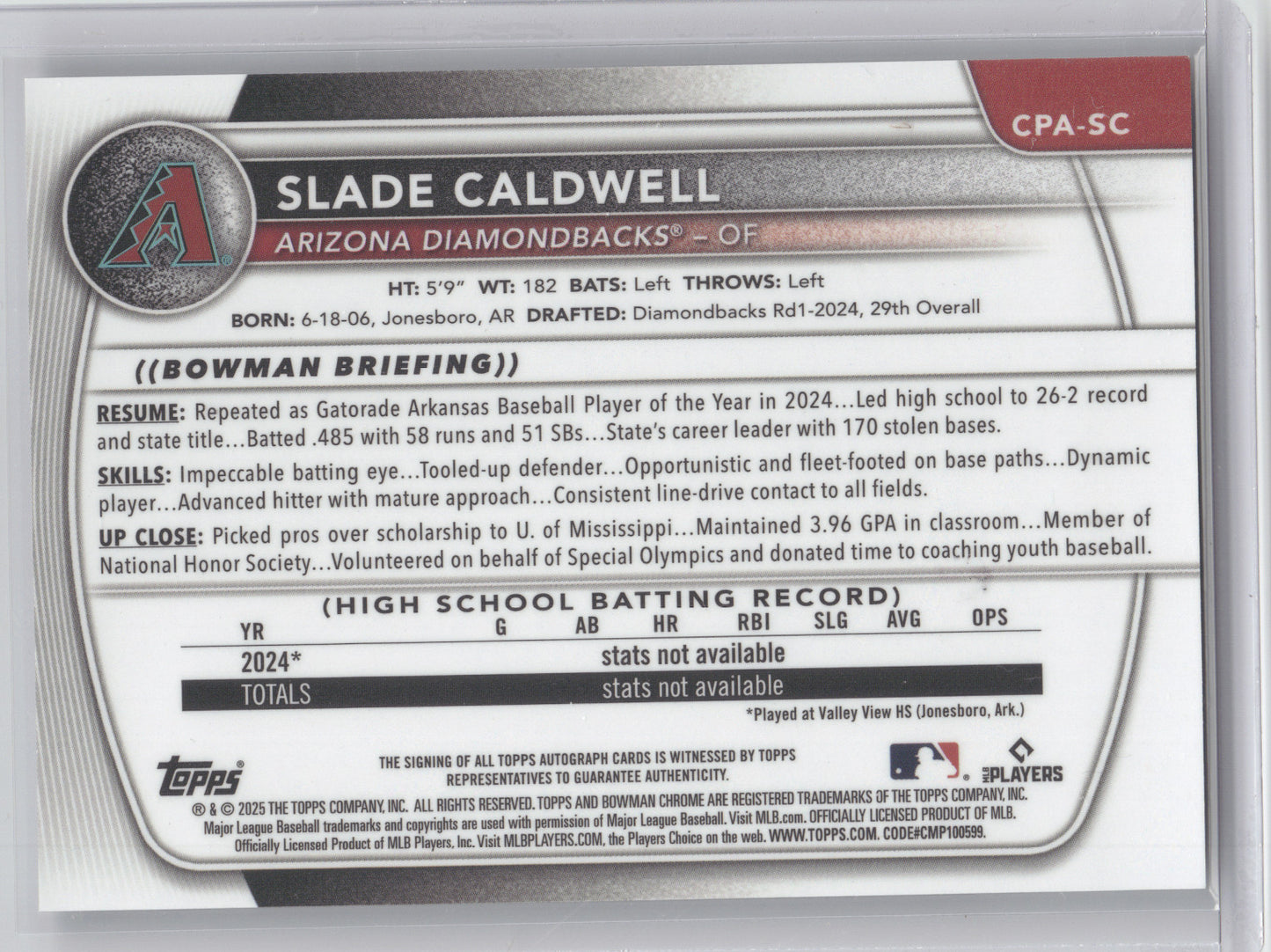 2025 Bowman Chrome Prospect Autograph Slade Caldwell #CPA-SC 1st Bowman