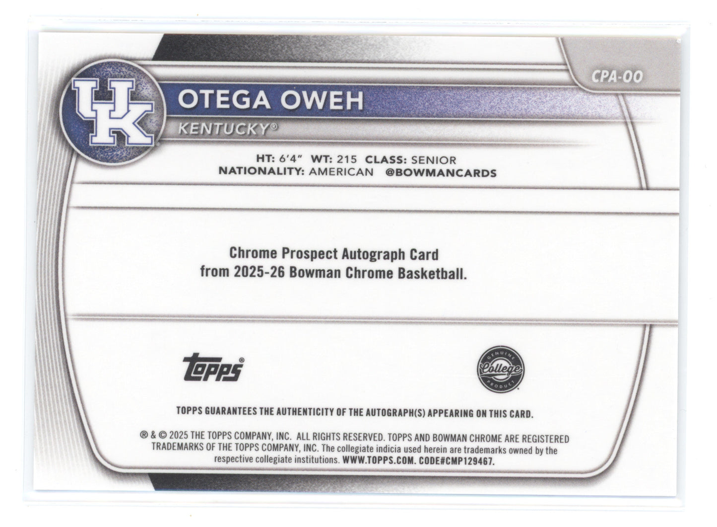 2025 Bowman Chrome Prospect Autograph Otega Oweh #CPA-OO Mini Diamonds 080/100