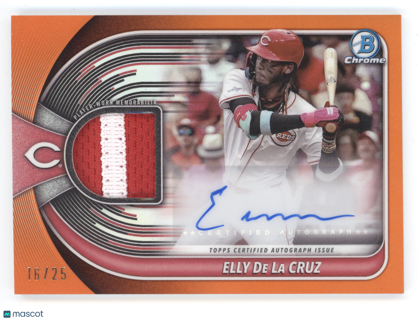 2025 Bowman Chrome Autograph Relic Elly De La Cruz #BCAR-ED Orange Ref. 16/25