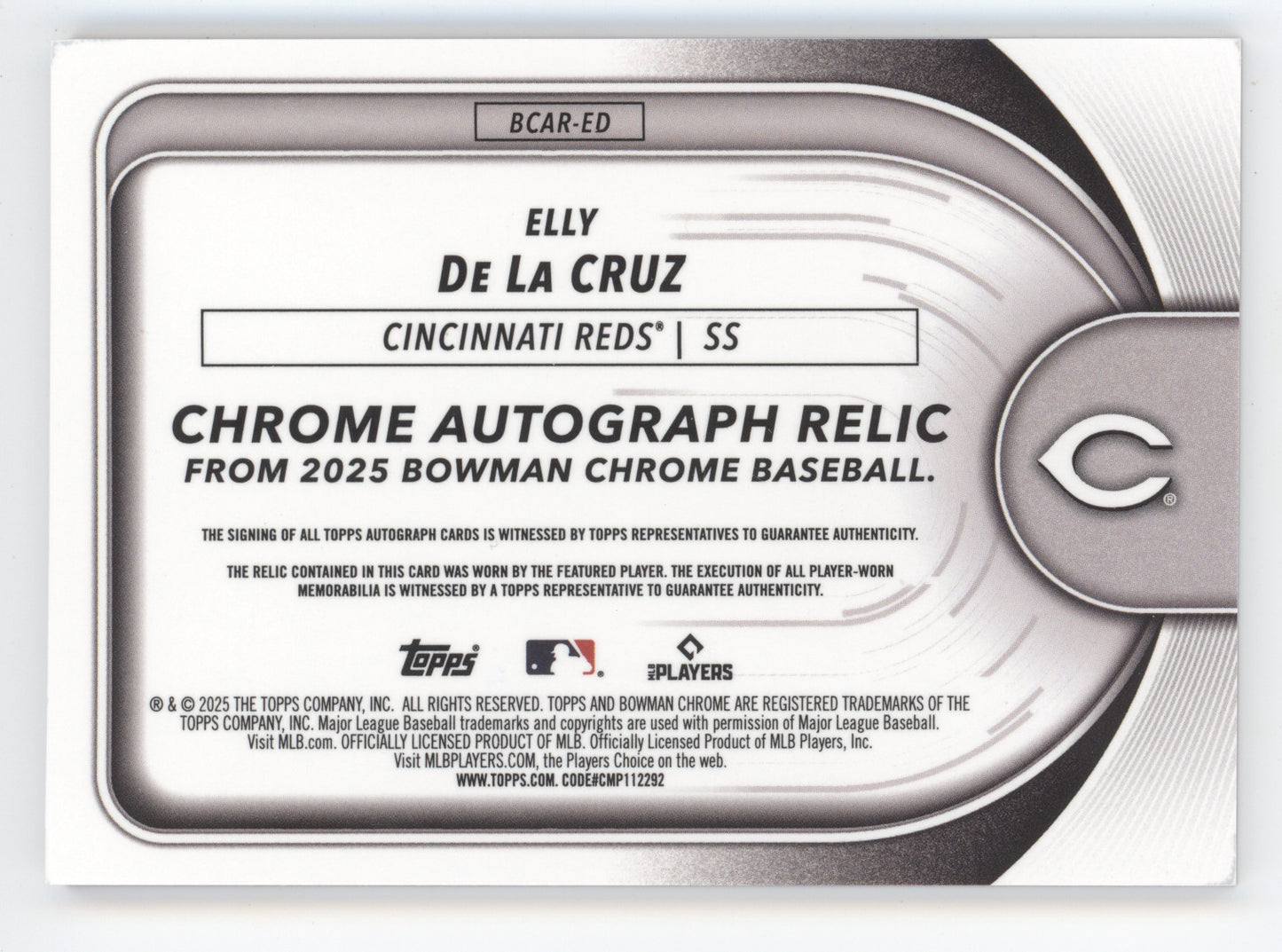 2025 Bowman Chrome Autograph Relic Elly De La Cruz #BCAR-ED Orange Ref. 16/25