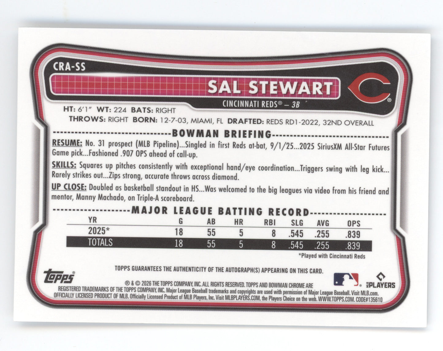 2026 Bowman Chrome Rookie Autograph Sal Stewart #CRA-SS Mini Diamonds 025/100 RC