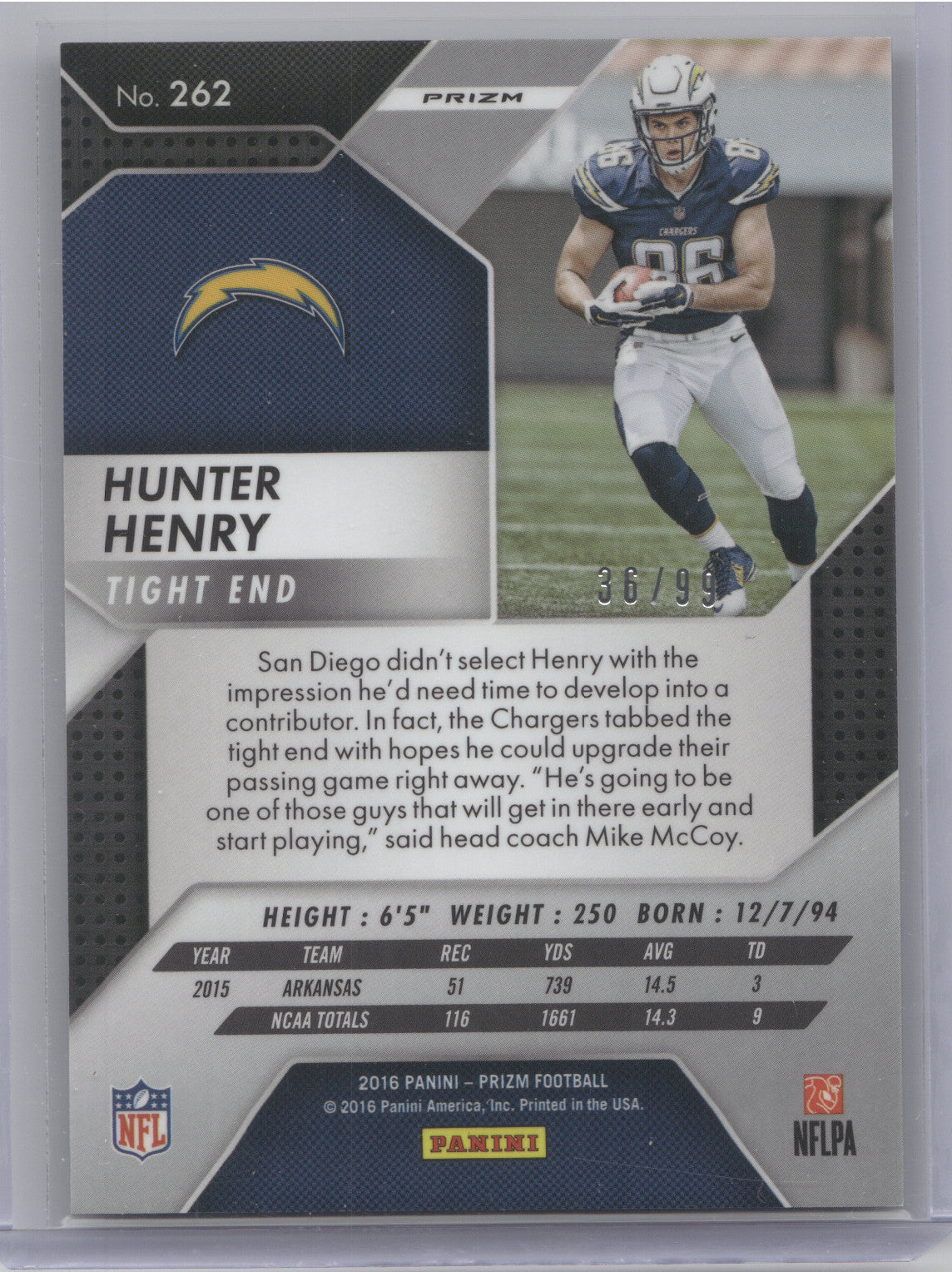 2016 Panini Prizm Hunter Henry #262 Purple Scope 36/99 RC