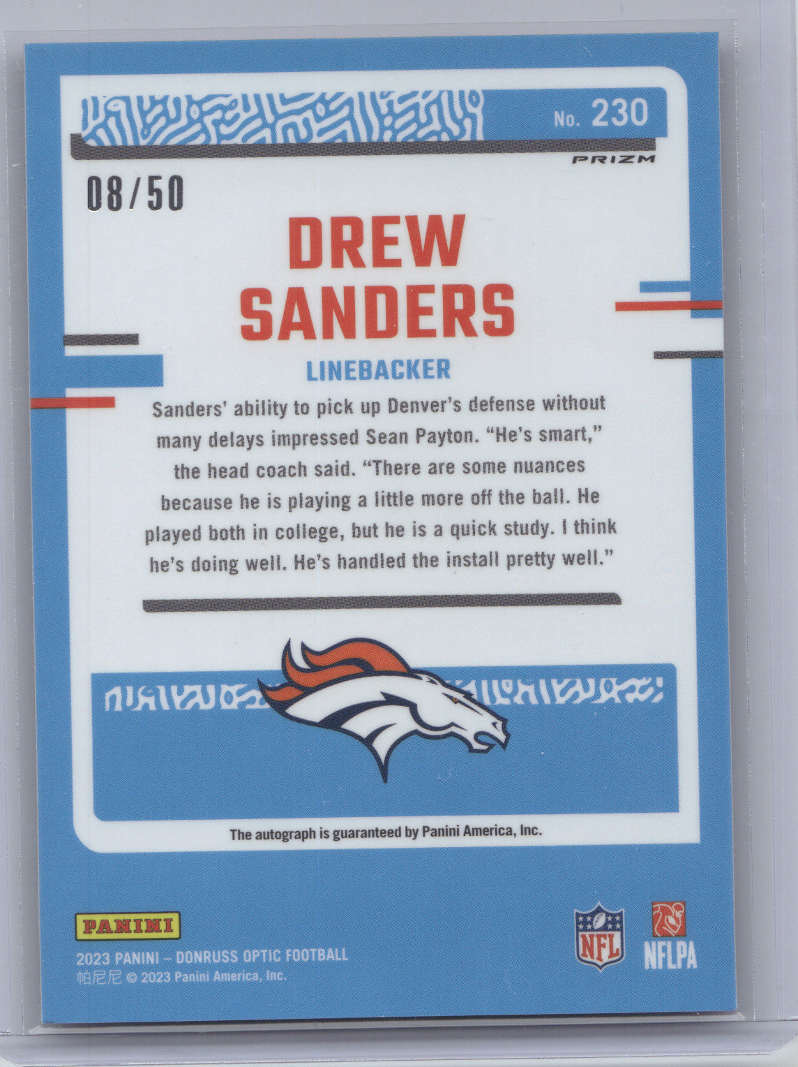 2023 Donruss Optic Rated Rookie Drew Sanders #230 Pink Velocity Autograph 08/50