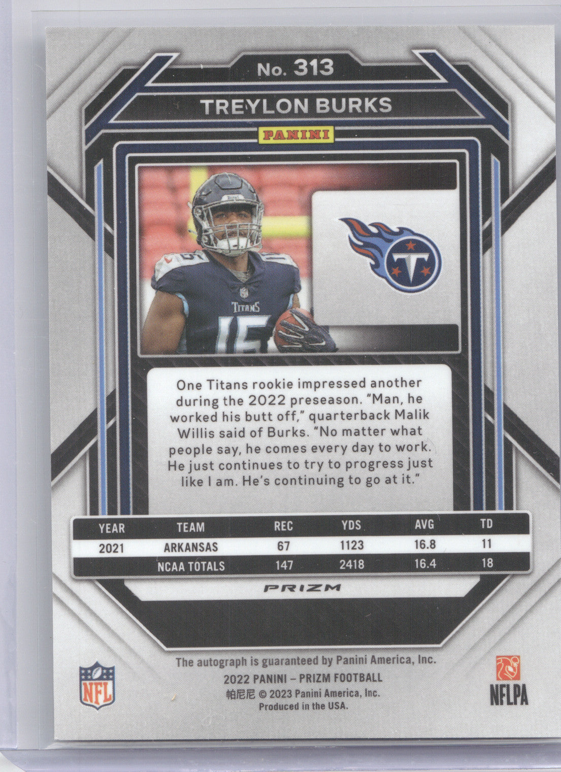 2022 Panini Prizm Autograph Treylon Burks #313 RC