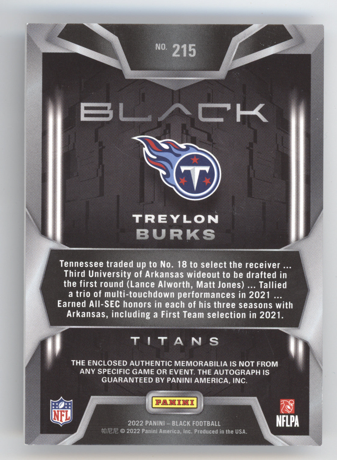 2022 Panini Black Football Treylon Burks #215 Patch 46/50 Authentic Memorabilia