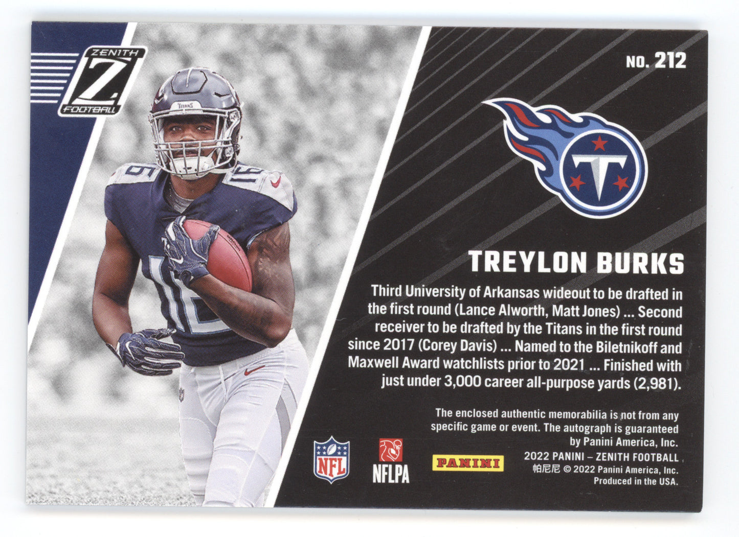 2022 Panini Zenith Football Treylon Burks #212 Copper Rookie Patch Auto 43/50 RC