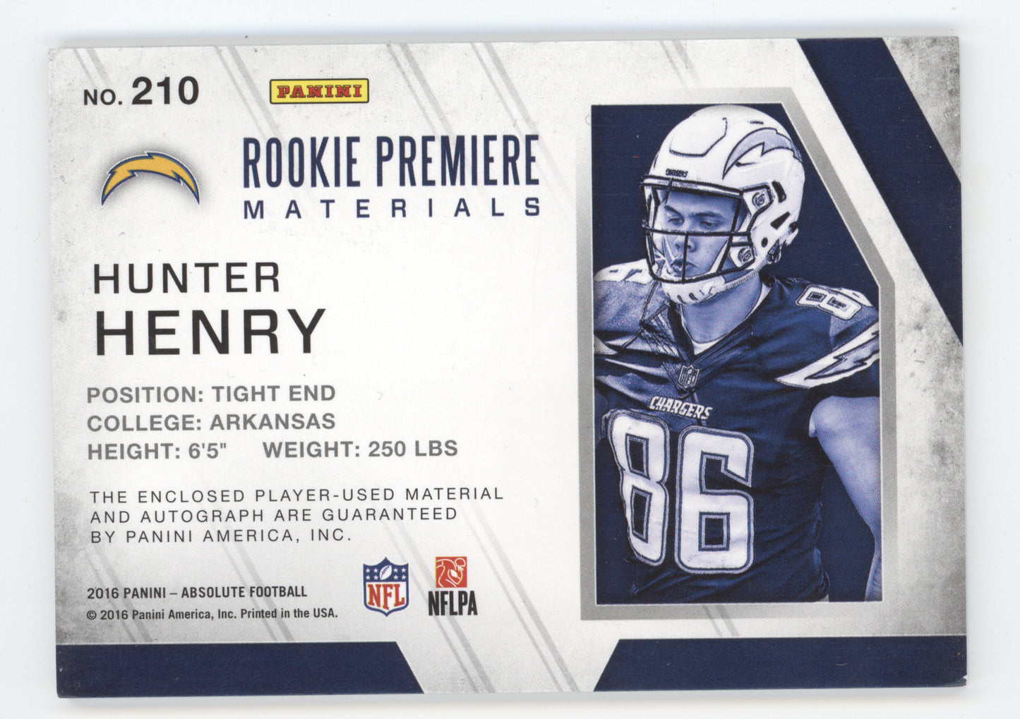 2016 Panini Absolute Premiere Material Hunter Henry #210 Triple Relic 278/499 RC
