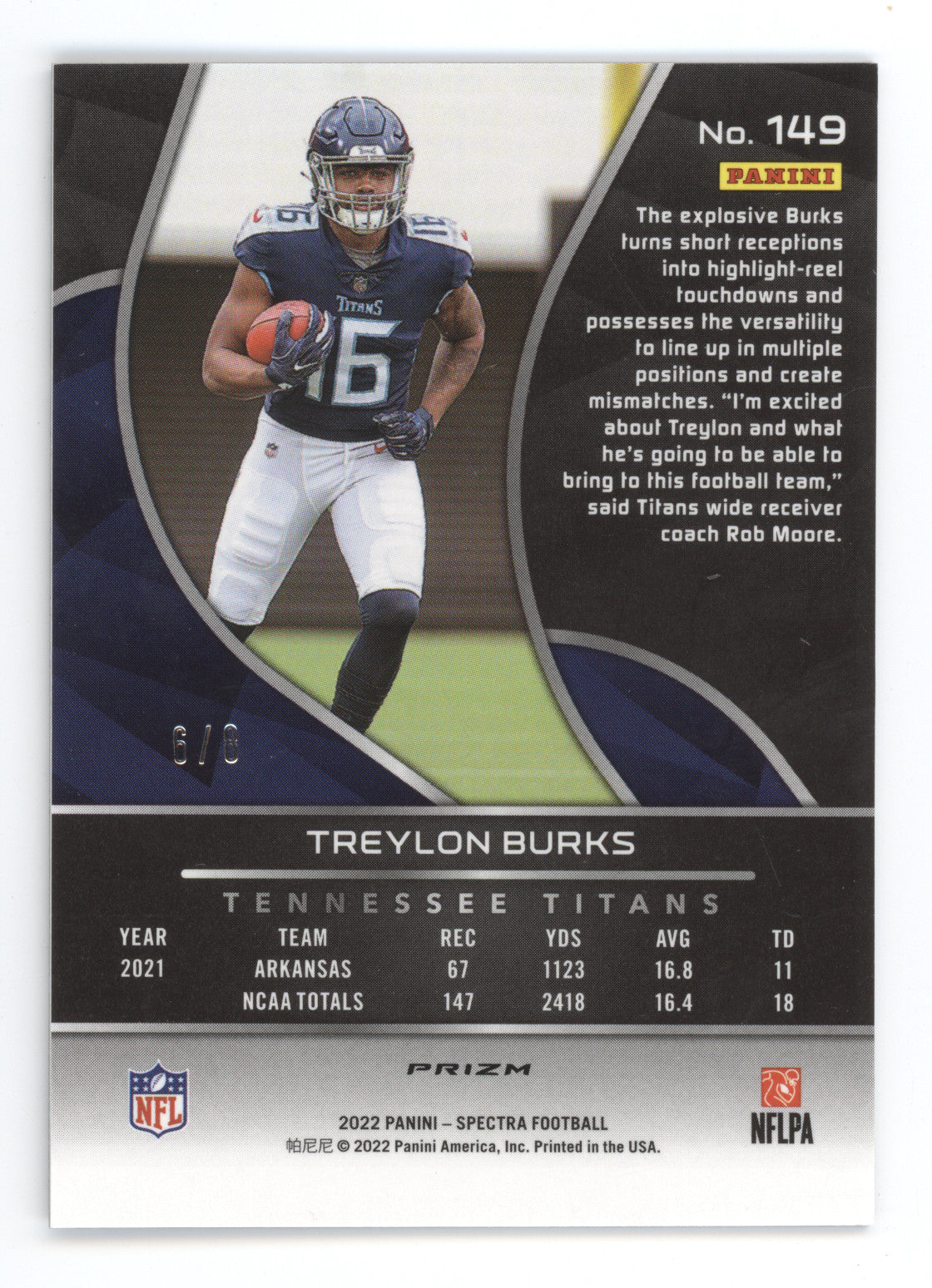2022 Panini Spectra Prizm Treylon Burks #149 Neon Splatter RC 6/8