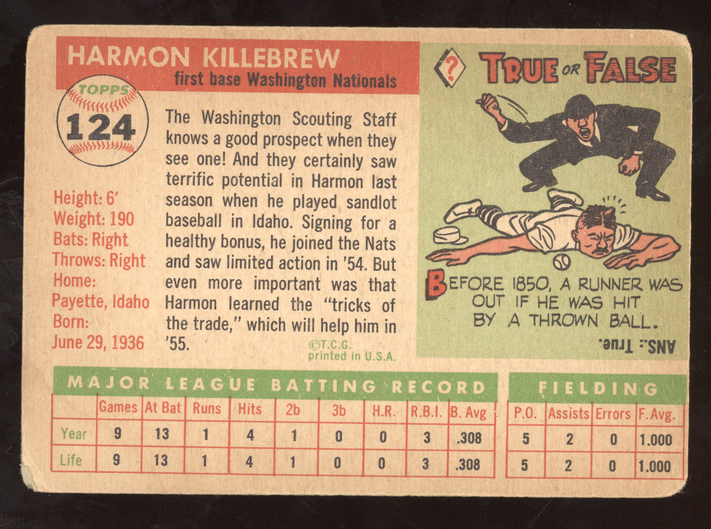 1955 Topps Harmon Killebrew #124