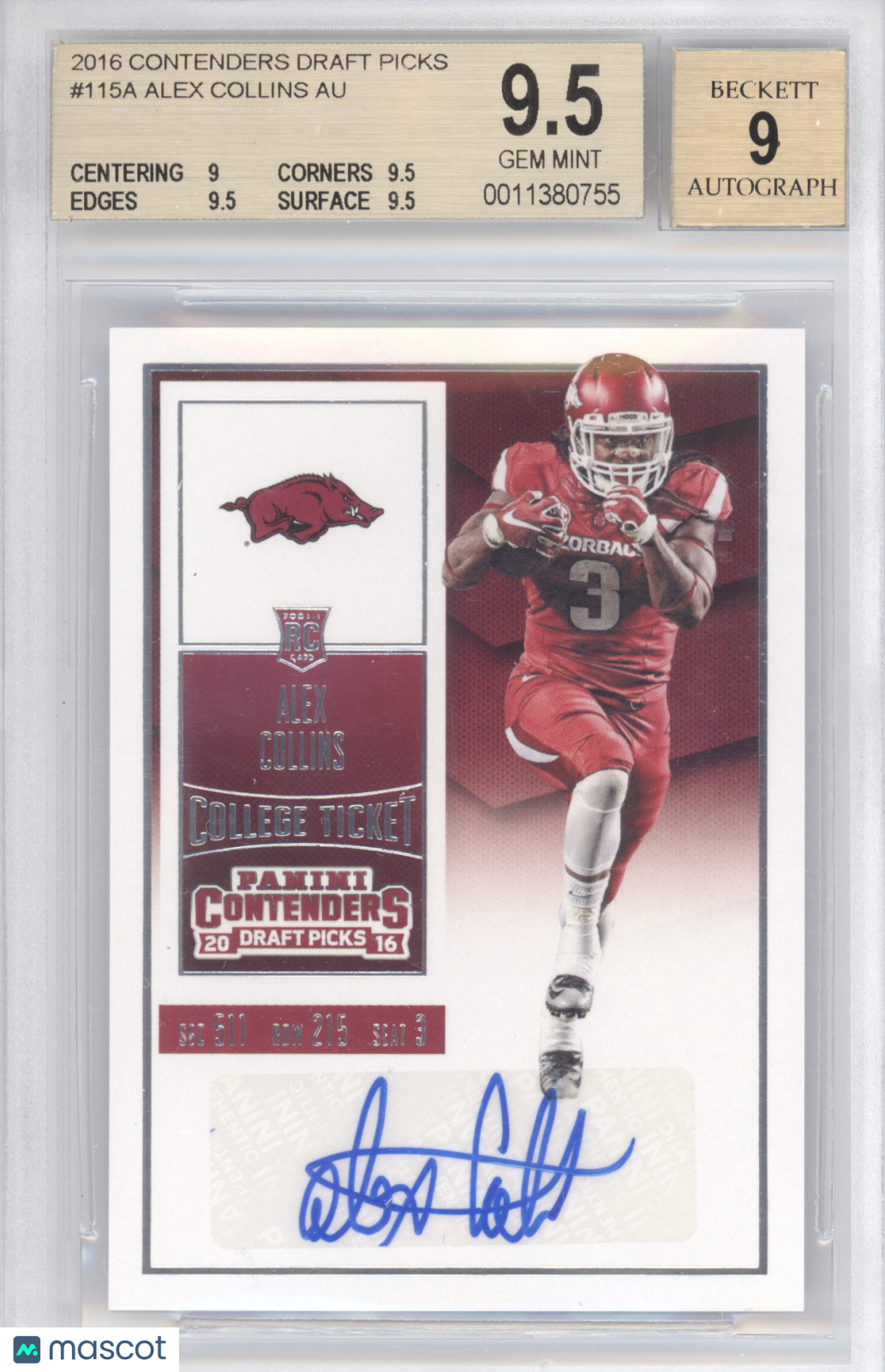 2016 Panini Contenders Draft Picks Alex Collins #115 RC BGS 9.5 BAS Auto 9