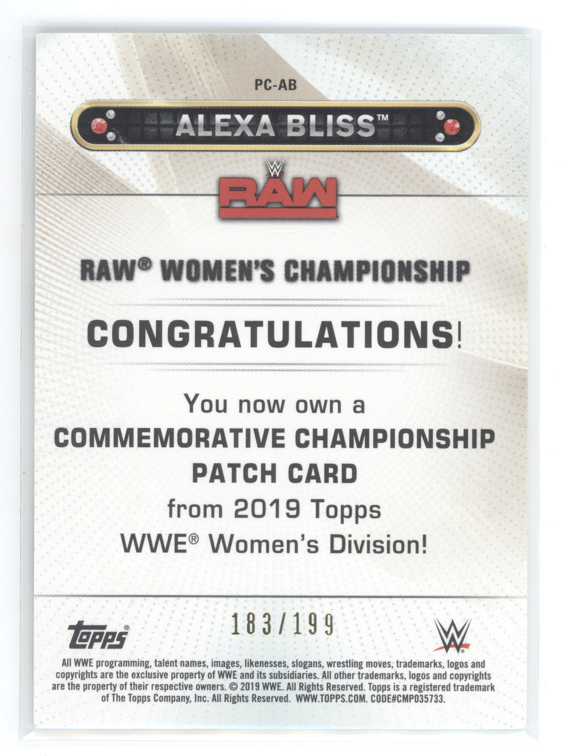 2019 Topps WWE Women's Division Alexa Bliss #PC-AB 183/199 Championship Patch