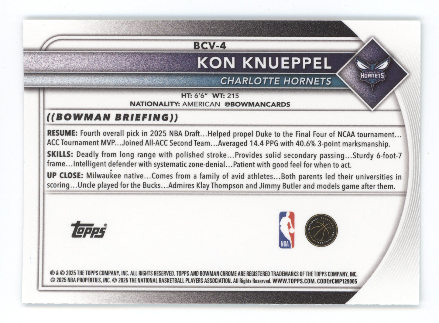 2025 Bowman Chrome Kon Knueppel #BCV-4 Aqua Mojo Refractor RC 018/125