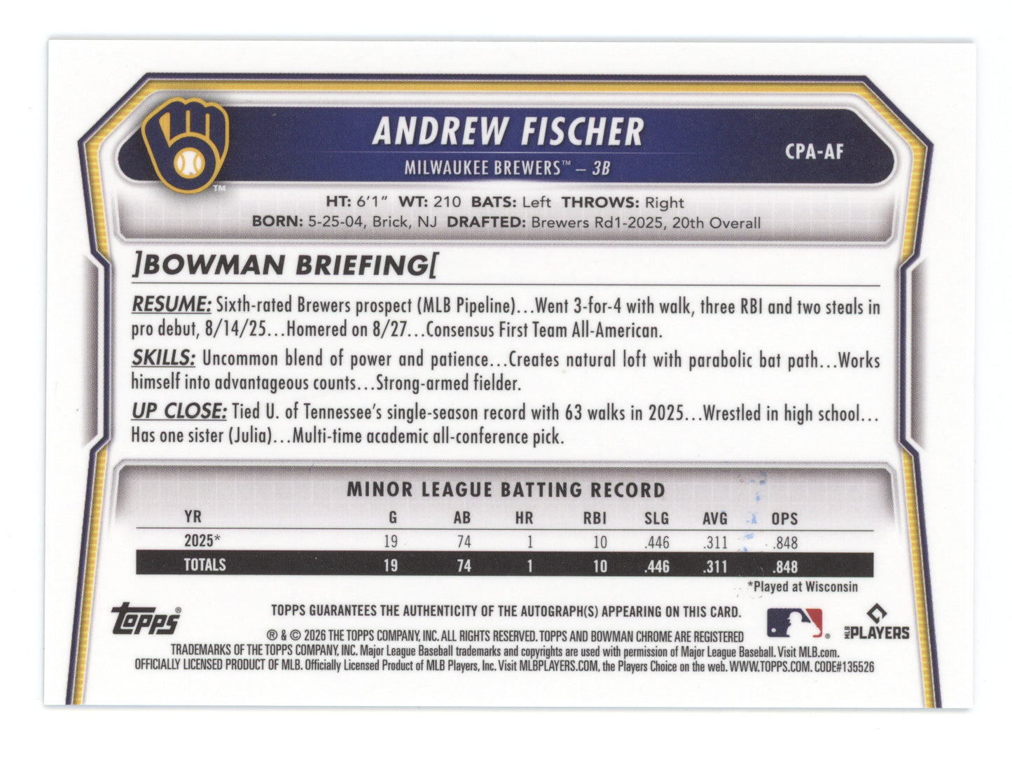 2026 Bowman Chrome Prospect Autograph Andrew Fischer #CPA-AF Aqua Ref. 029/125