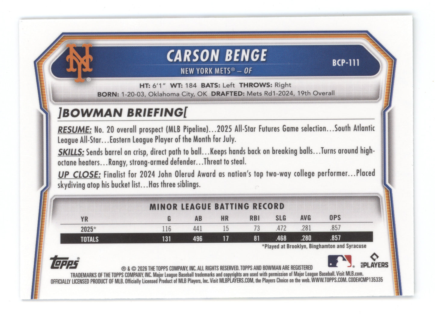 2026 Bowman Chrome Prospect Carson Benge #BCP-111 Packfractor