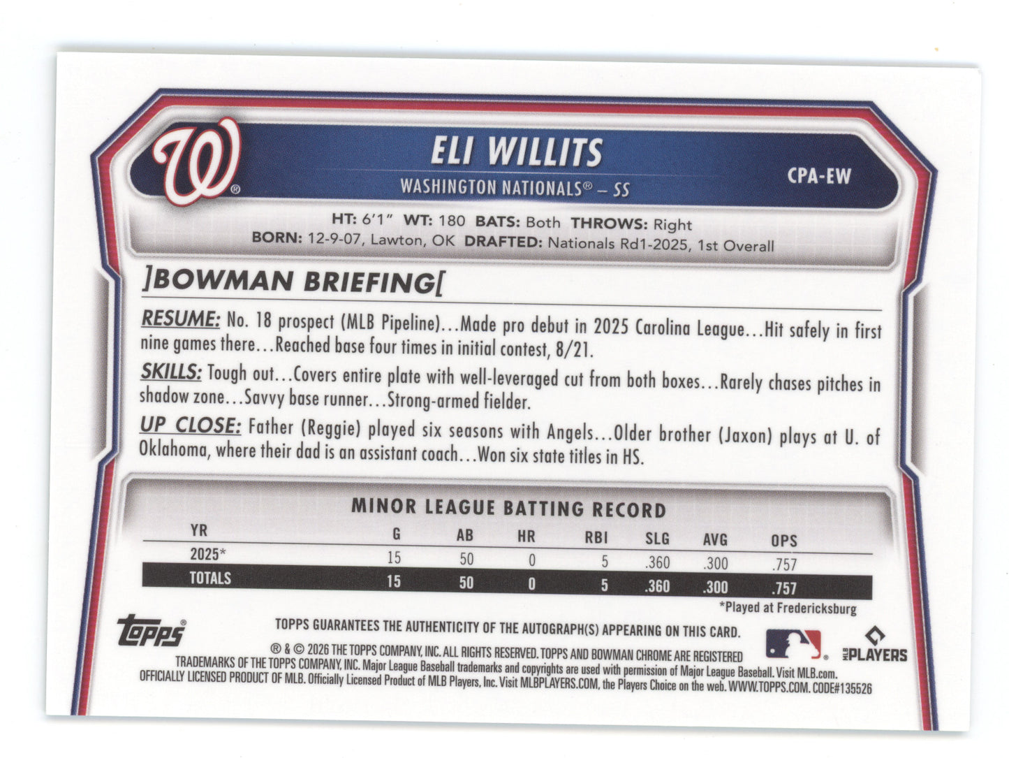 2026 Bowman Chrome Prospect Autograph Eli Willits #CPA-EW Green Refractor 49/99