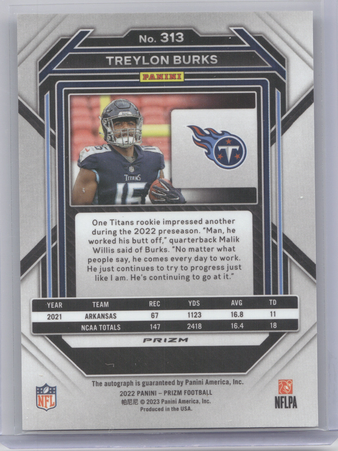 2022 Panini Prizm Autograph Treylon Burks #313 Silver RC
