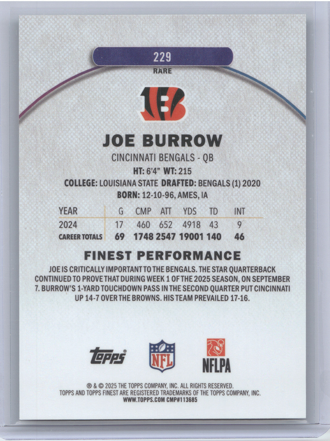 2025 Topps Finest Joe Burrow #229 Green Refractor 24/25
