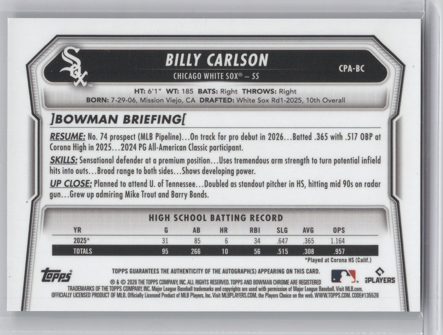 2026 Bowman Chrome Prospect Autograph Billy Carlson #CPA-BC Green Ref. 66/99