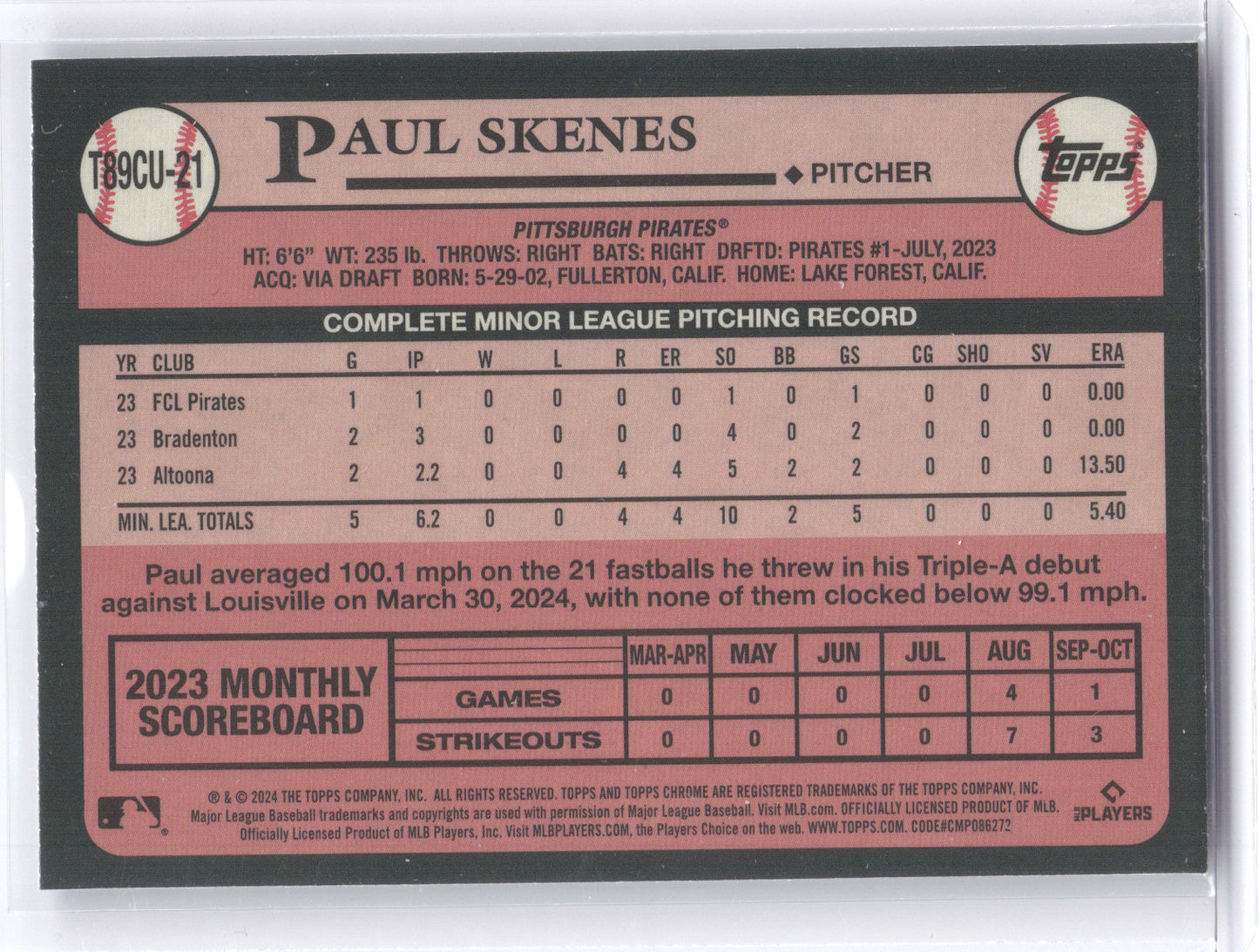 2024 Topps Chrome 1989 Topps Silver Pack Mojo Refractor Paul Skenes #T89CU-21 RC