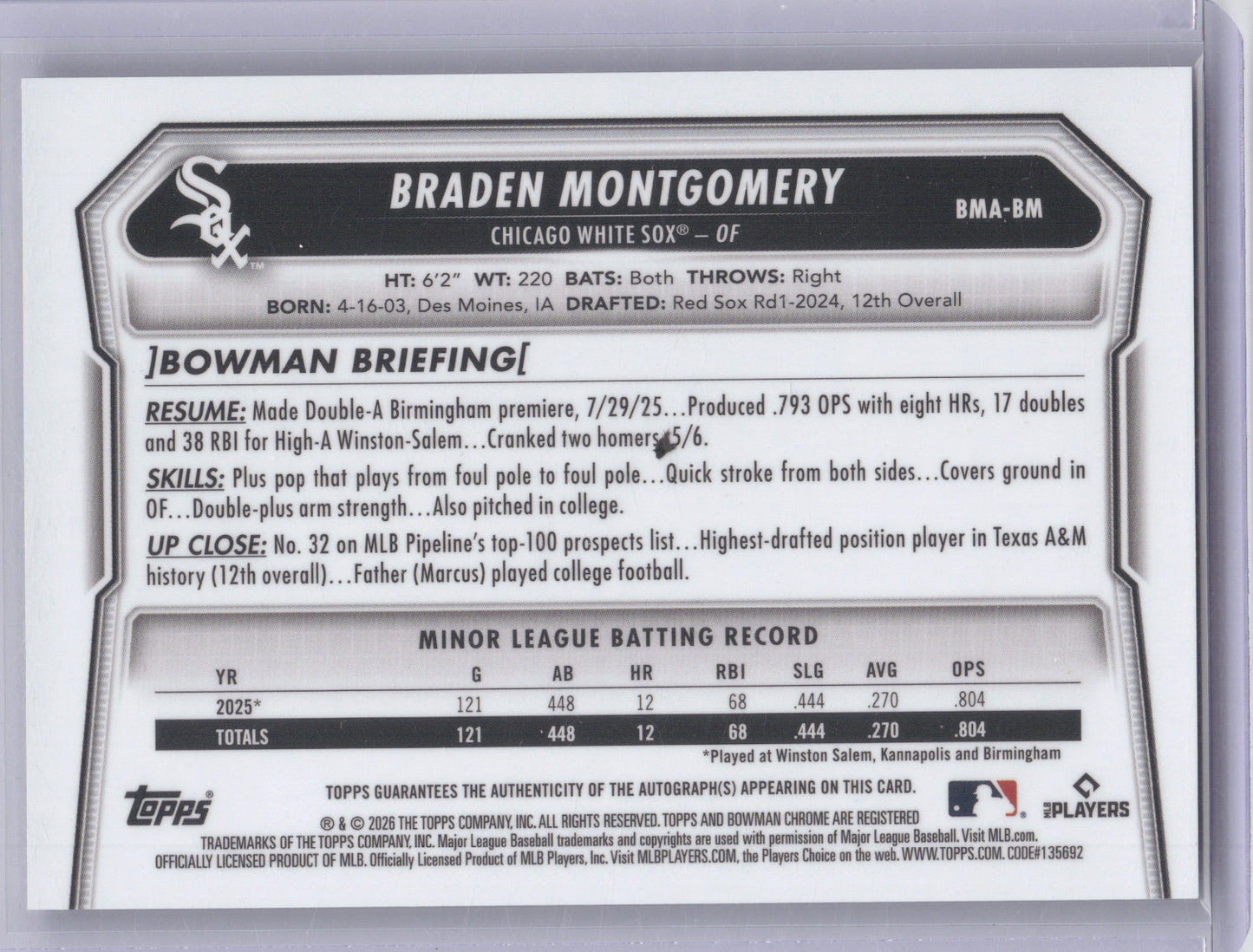 2026 Bowman Chrome Mega Autograph Braden Montgomery #BM Purple Mojo Ref. 045/199