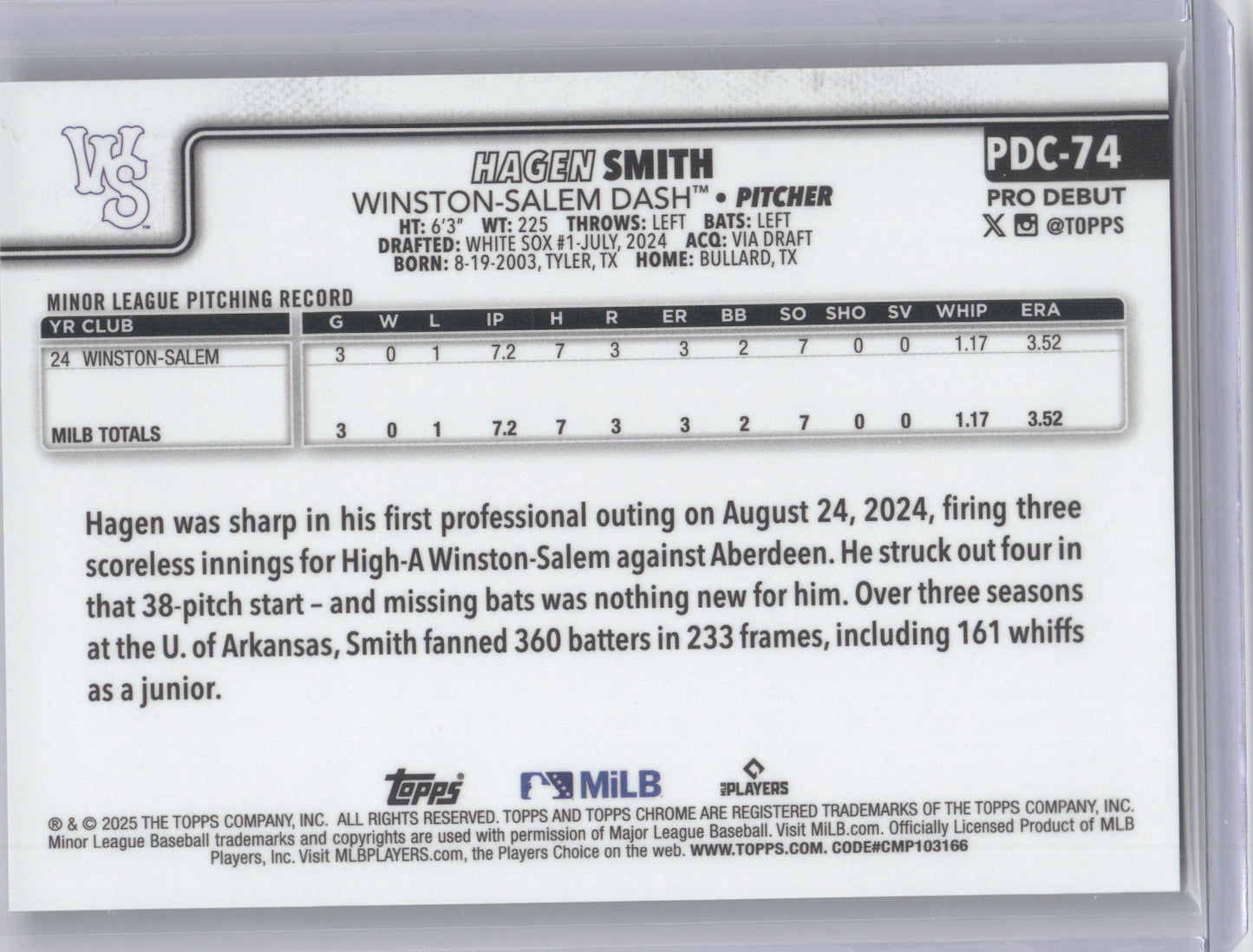 2025 Topps Chrome Pro Debut Hagen Smith #PDC-74 Black Wave 01/10