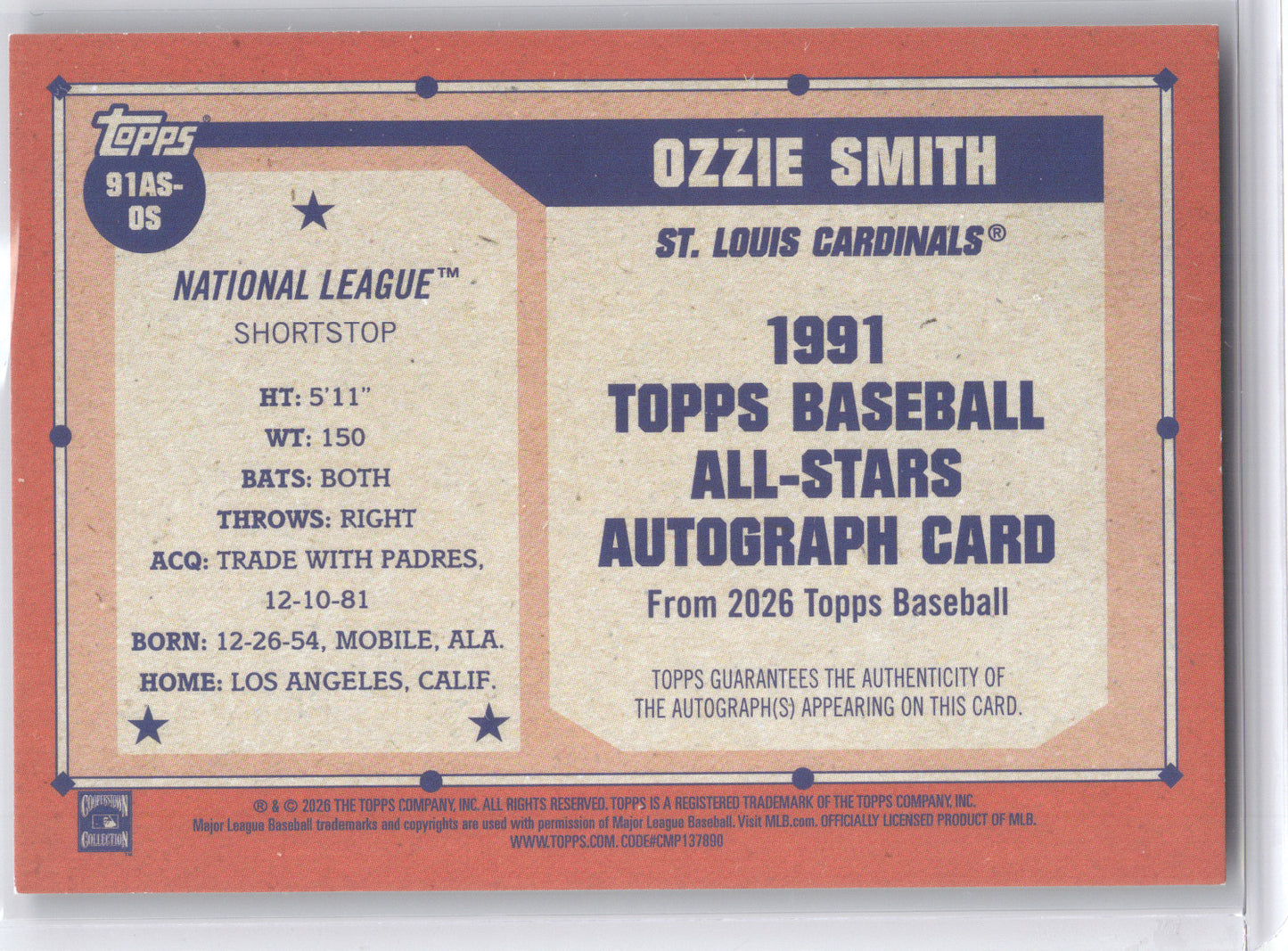 2026 Topps Baseball 1991 Topps All-Star Autograph Card Ozzie Smith #91ASOS 06/10