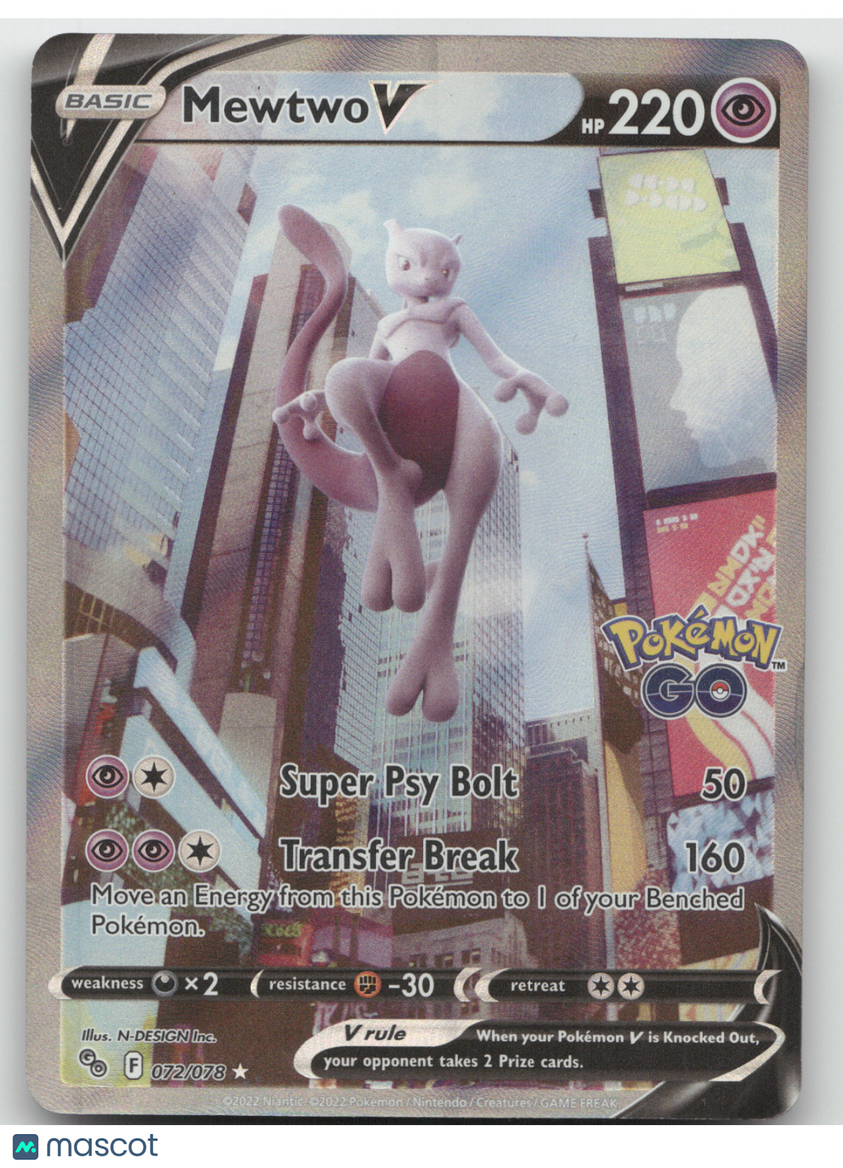 2022 GO Mewtwo V Holo Rare FA #72/78