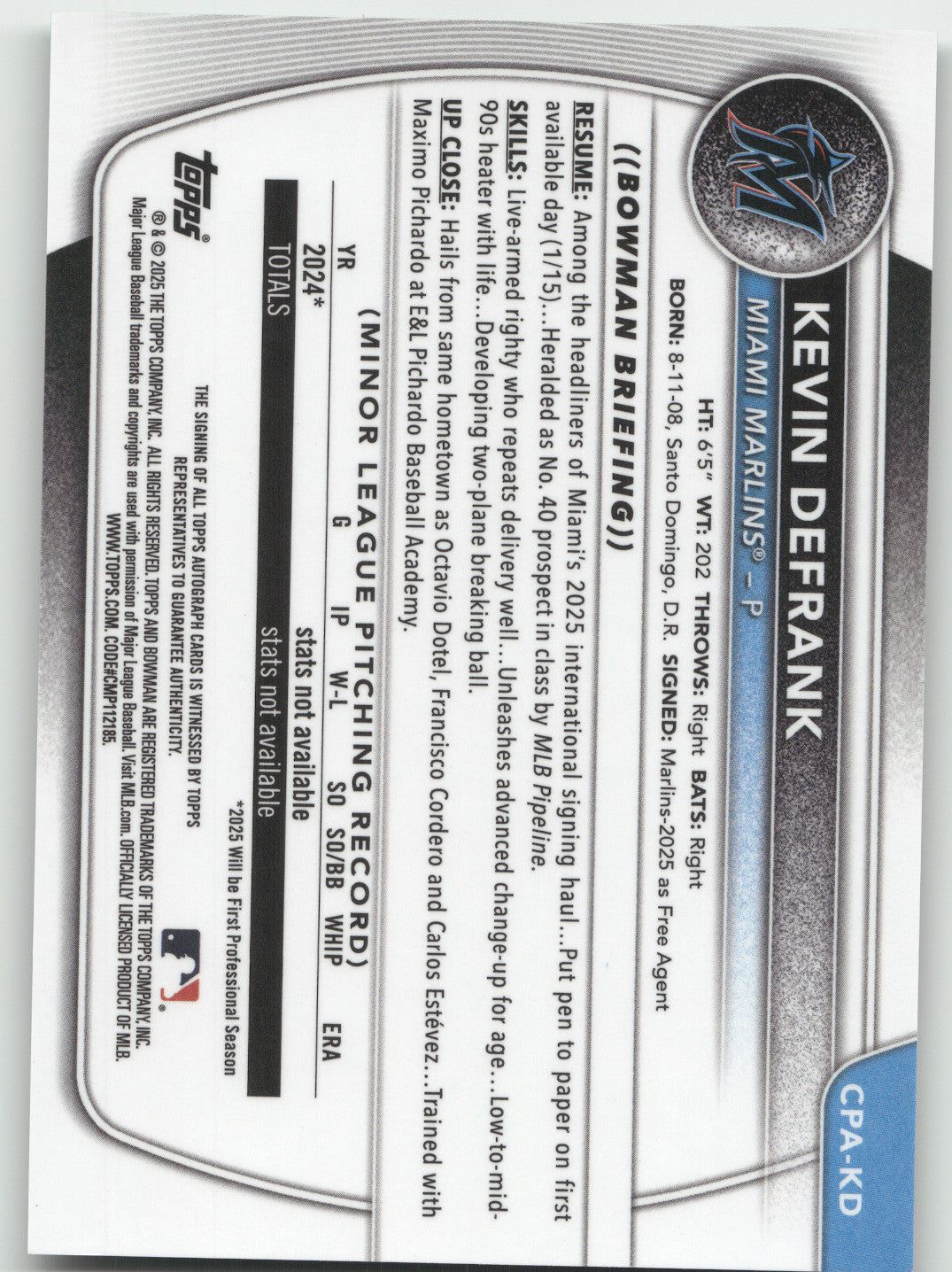 2025 Topps Bowman Chrome Kevin Defrank #CPA-KD Green Refractor 87/99