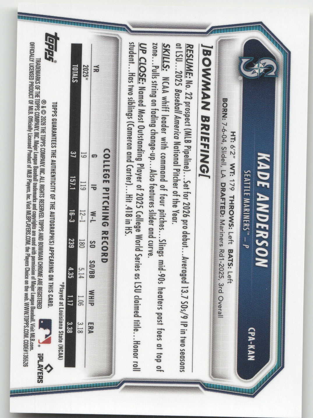 2026 Bowman Chrome Kade Anderson #CPA-KAN Yellow Refractor 09/75 *Read*
