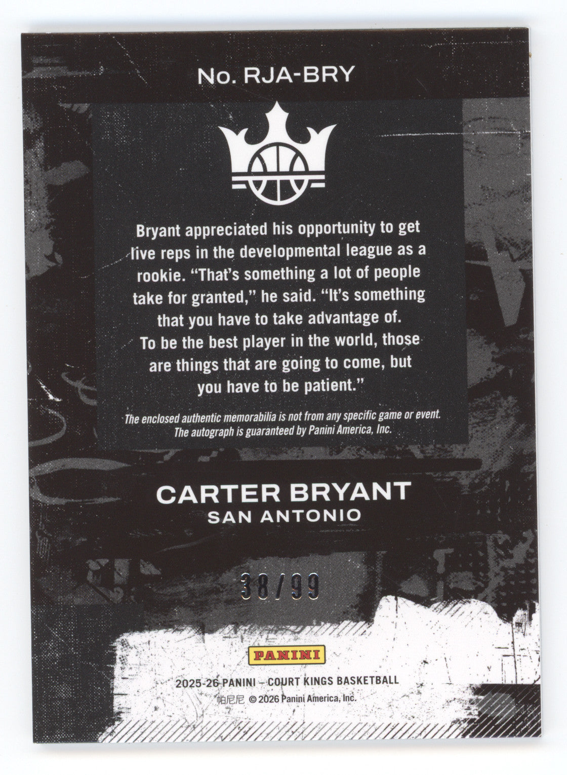 2025 Panini Court Kings Carter Bryant #RJA-BRY Jersey Autograph 38/99 RC