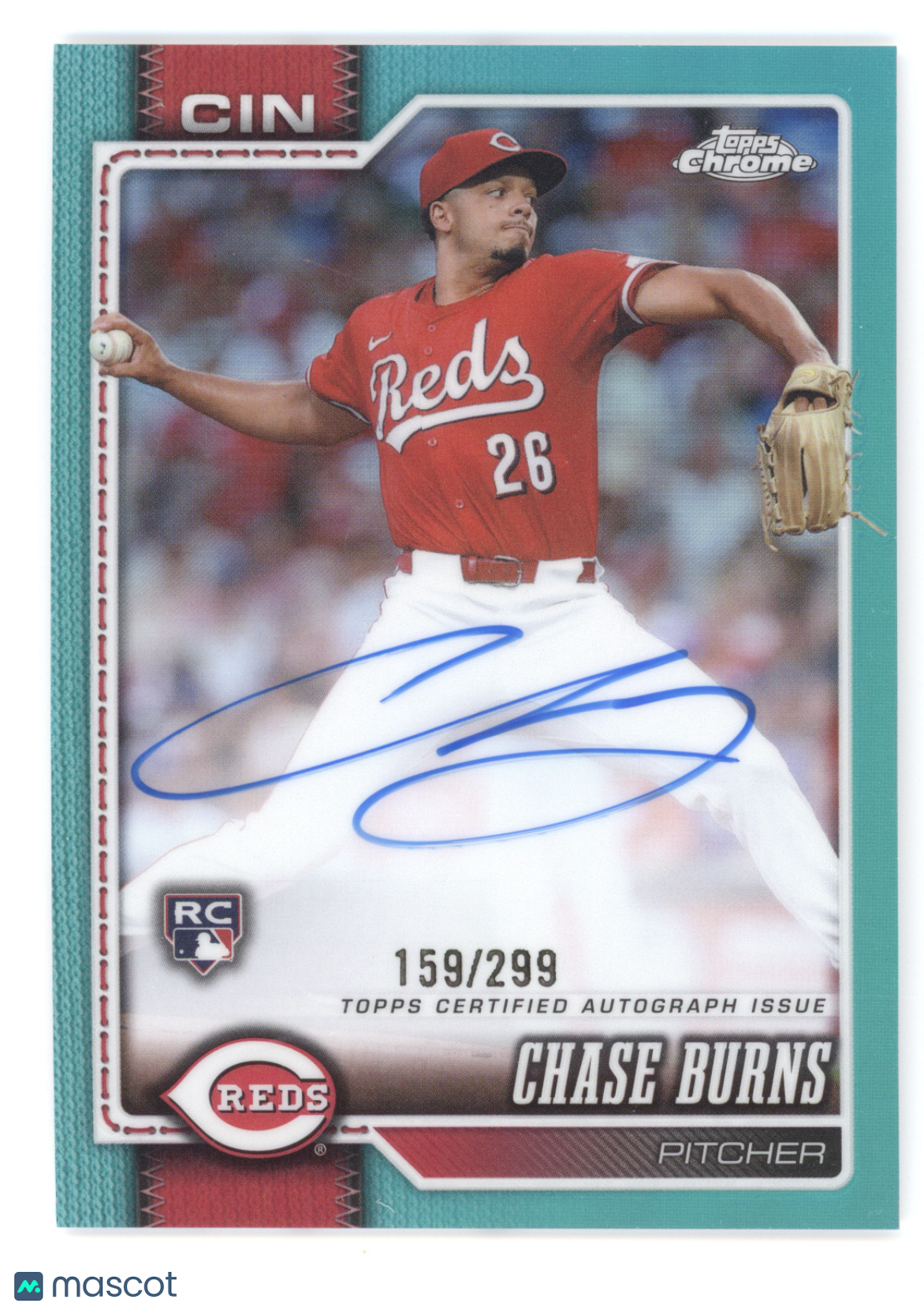 2026 Topps Chrome Rookie Autographs Chase Burns #RA-CB Teal RC 159/299