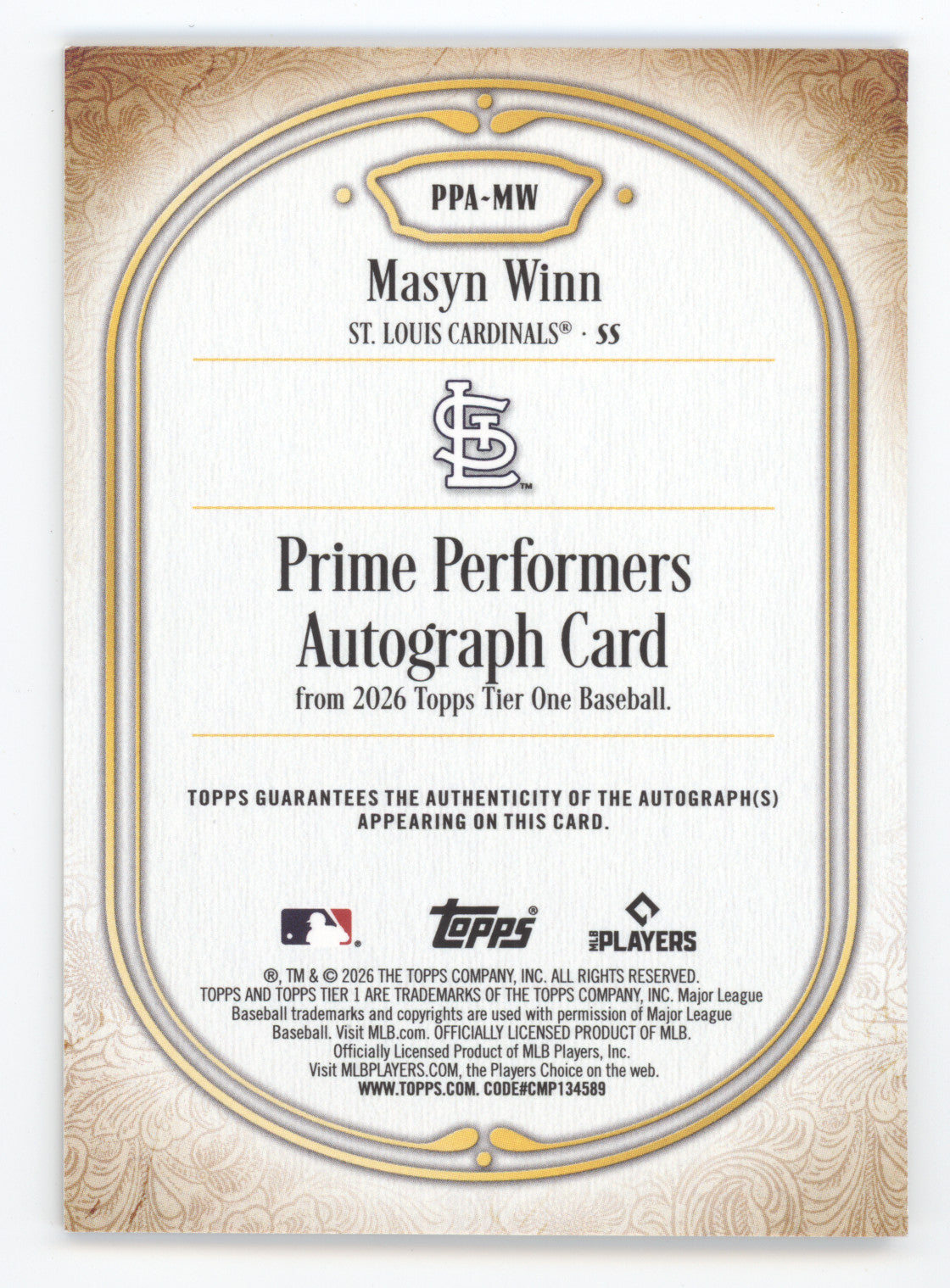 2026 Topps Tier One Prime Performers Autograph Masyn Winn #PPA-MW 01/15