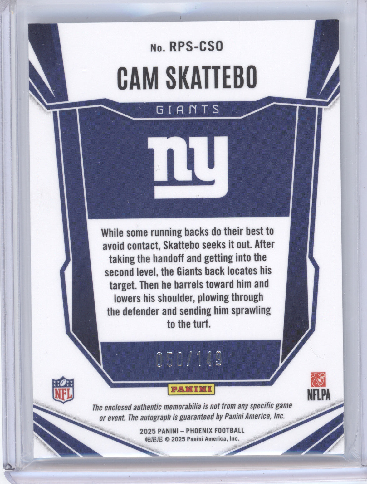 2025 Panini Phoenix Football Cam Skattebo #RPS-CSO 050/149 Patch RC Memorabilia