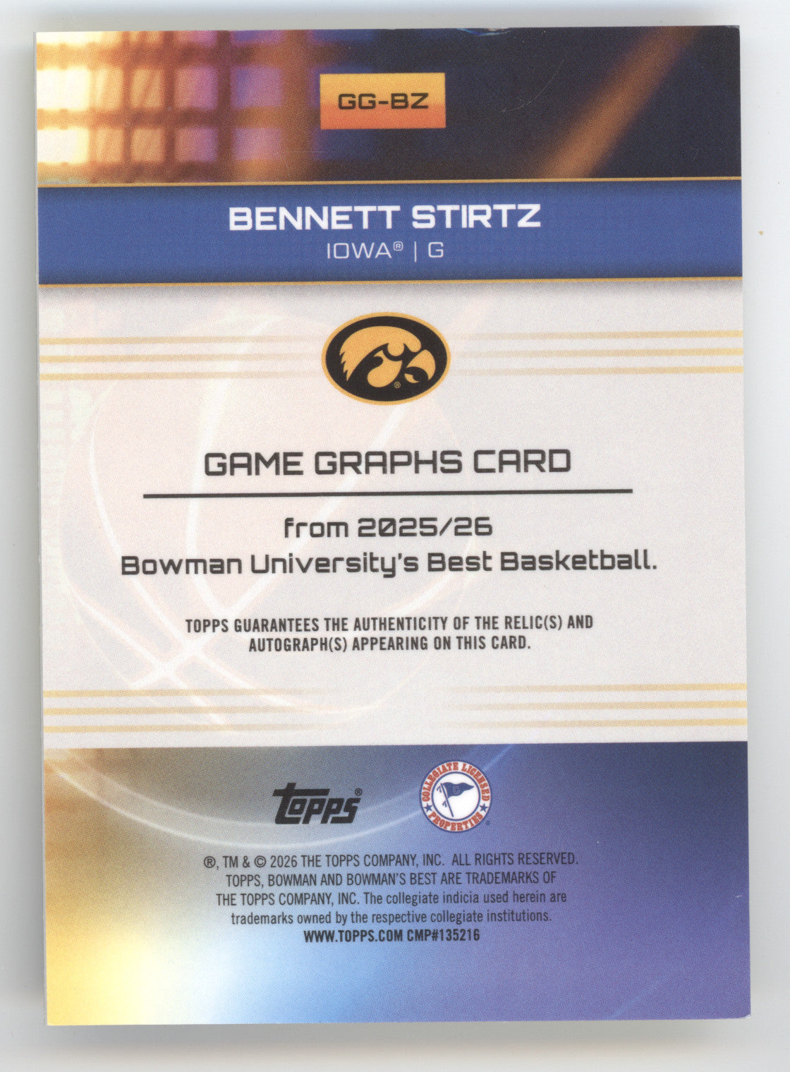 2025 Bowman University Best Game Graphs Bennett Stirtz #GG-BZ Yellow Lazer 56/75