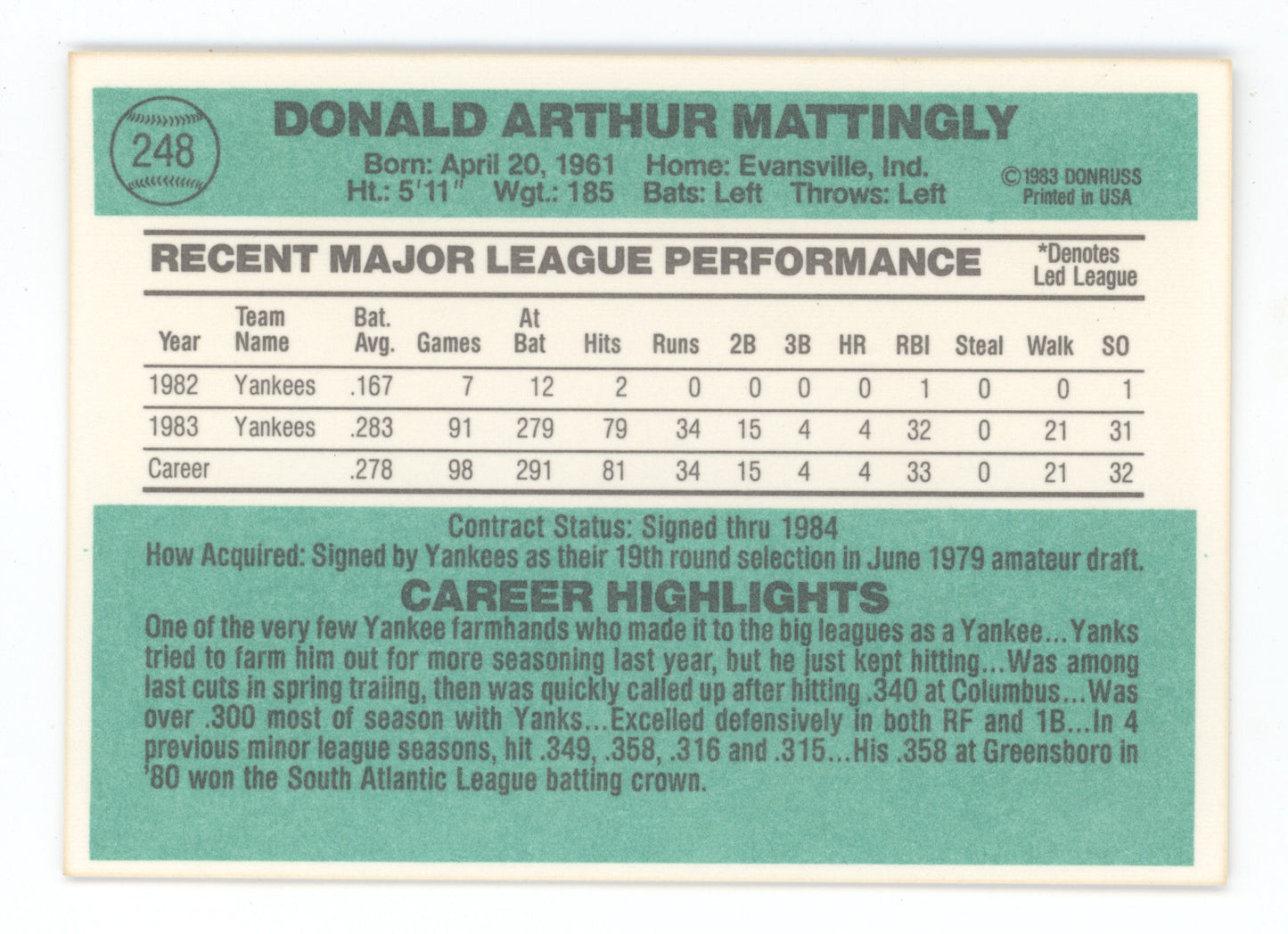 1984 Donruss Don Mattingly #248 RC